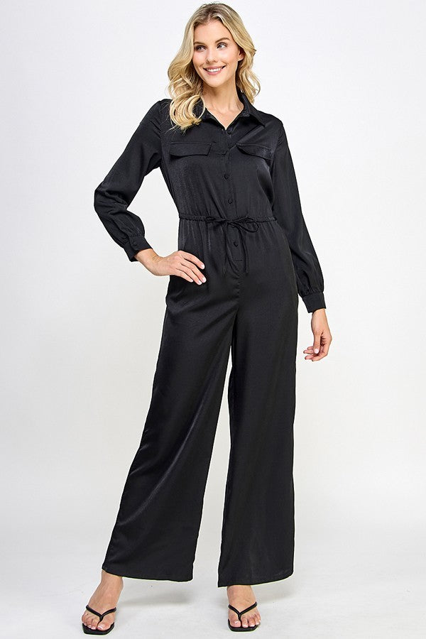 Long Sleeve Jumpsuit With Waist Drawstring - Body By J'ne