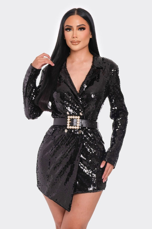 Pearl Belted Sequin Blazer Mini Dress - Body By J'ne