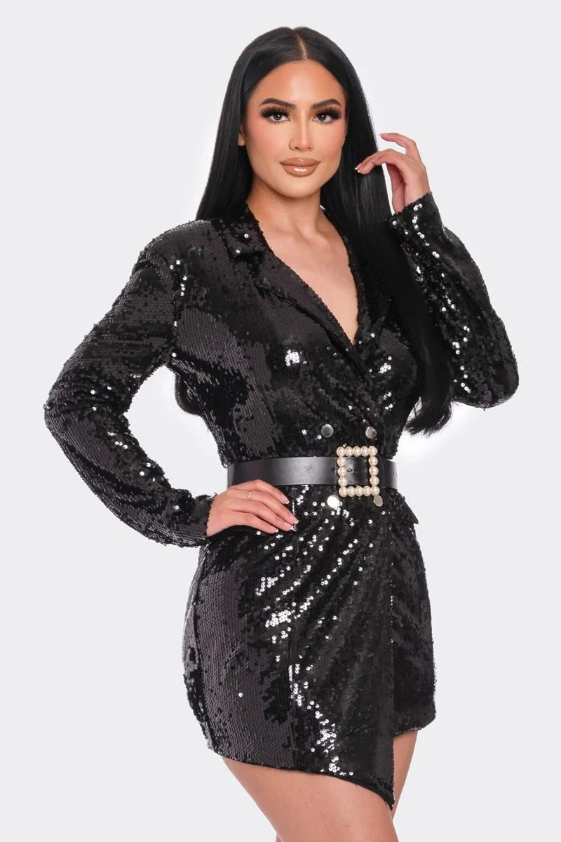 Pearl Belted Sequin Blazer Mini Dress - Body By J'ne