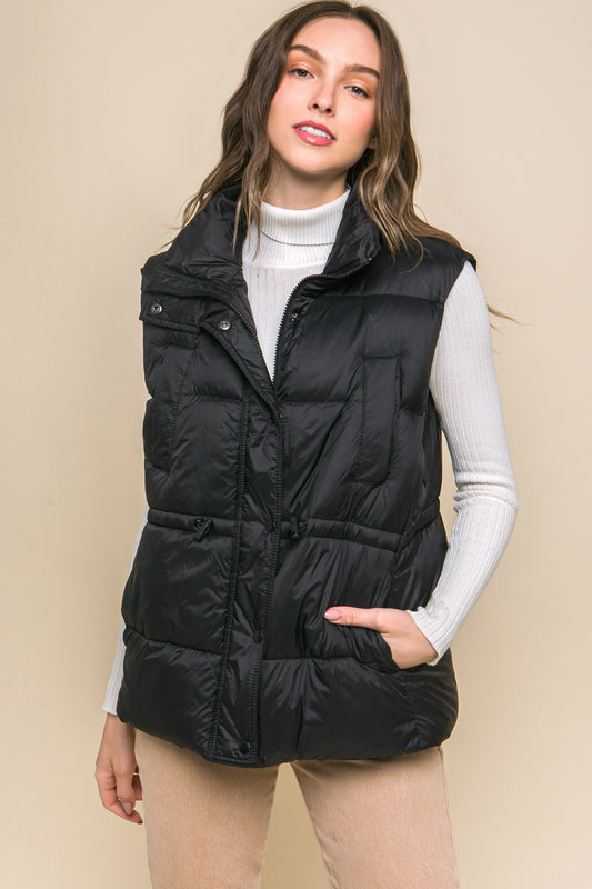 Zip Up Button Puffer Vest With Waist Toggles - Body By J'ne