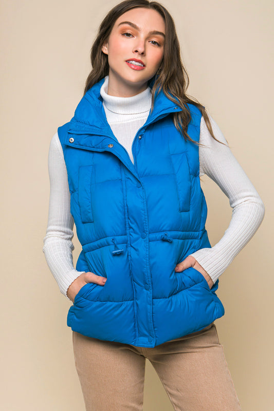 Zip Up Button Puffer Vest With Waist Toggles - Body By J'ne