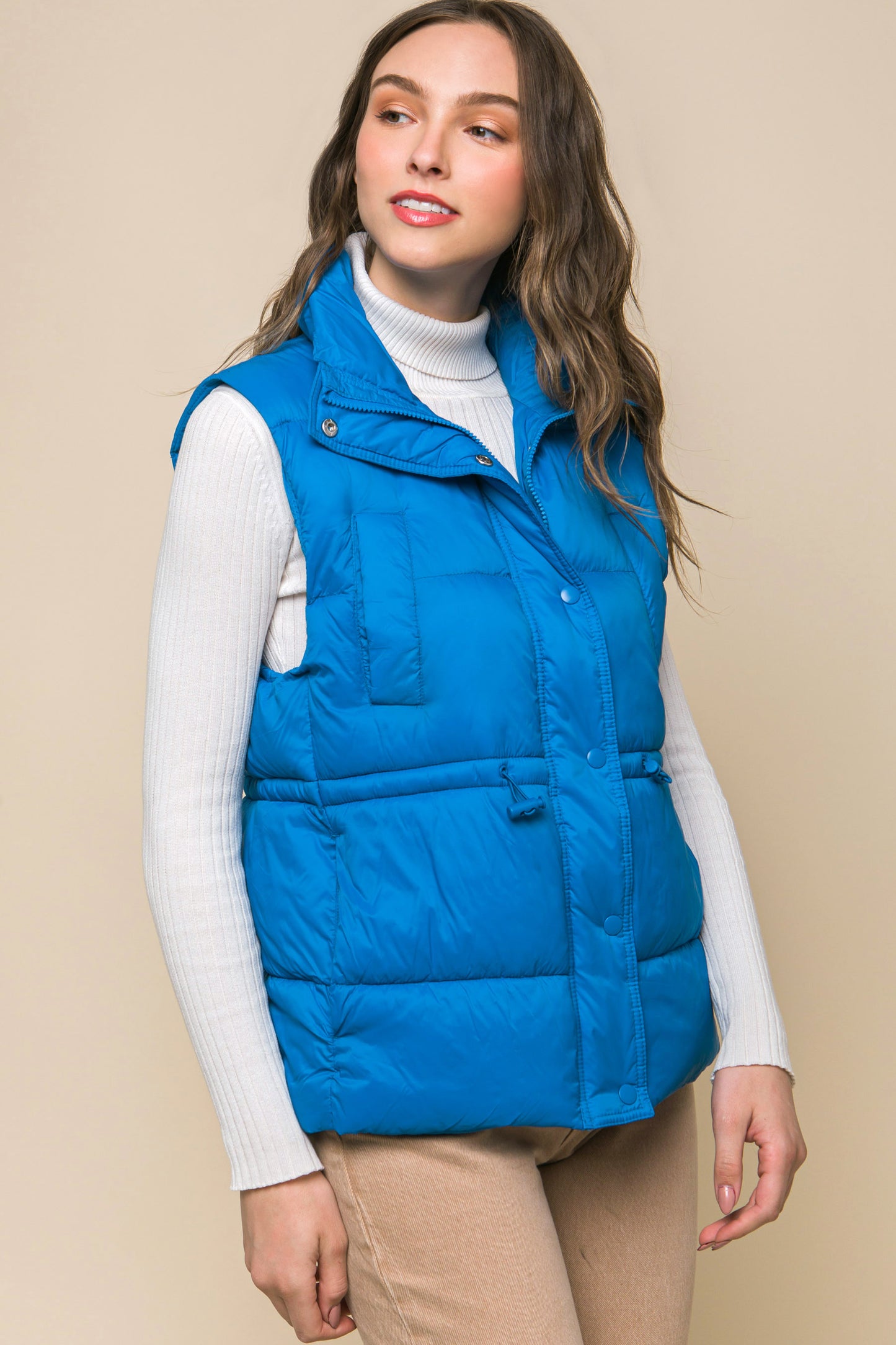 Zip Up Button Puffer Vest With Waist Toggles - Body By J'ne