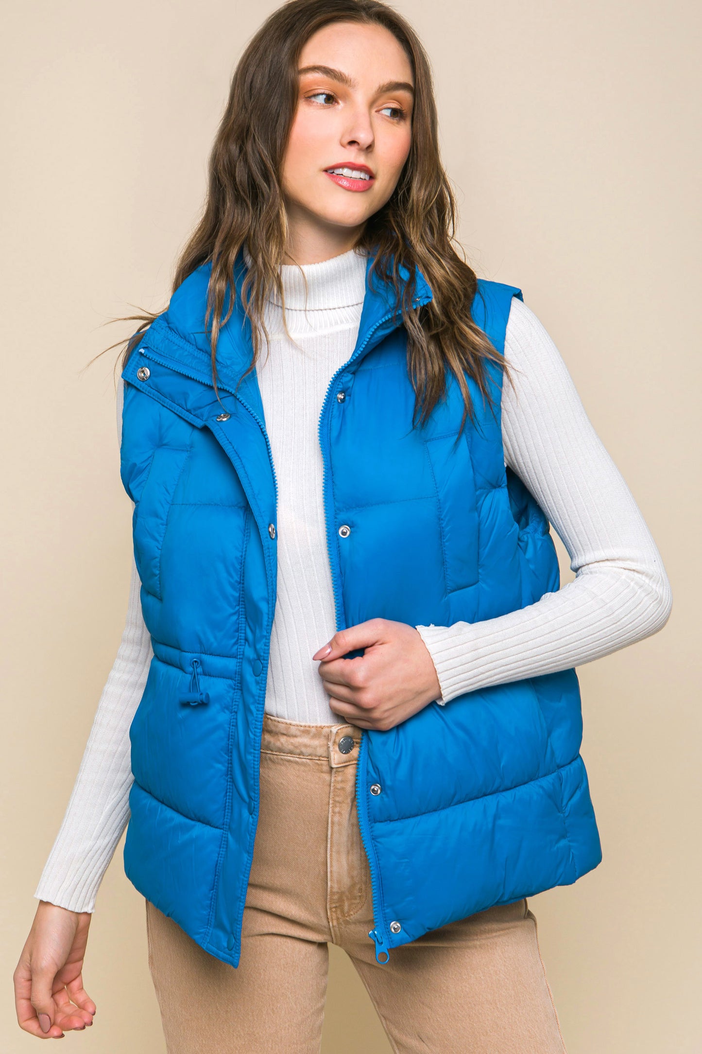 Zip Up Button Puffer Vest With Waist Toggles - Body By J'ne