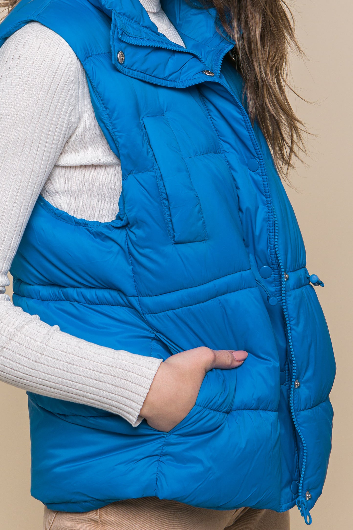 Zip Up Button Puffer Vest With Waist Toggles - Body By J'ne