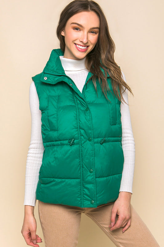 Zip Up Button Puffer Vest With Waist Toggles - Body By J'ne