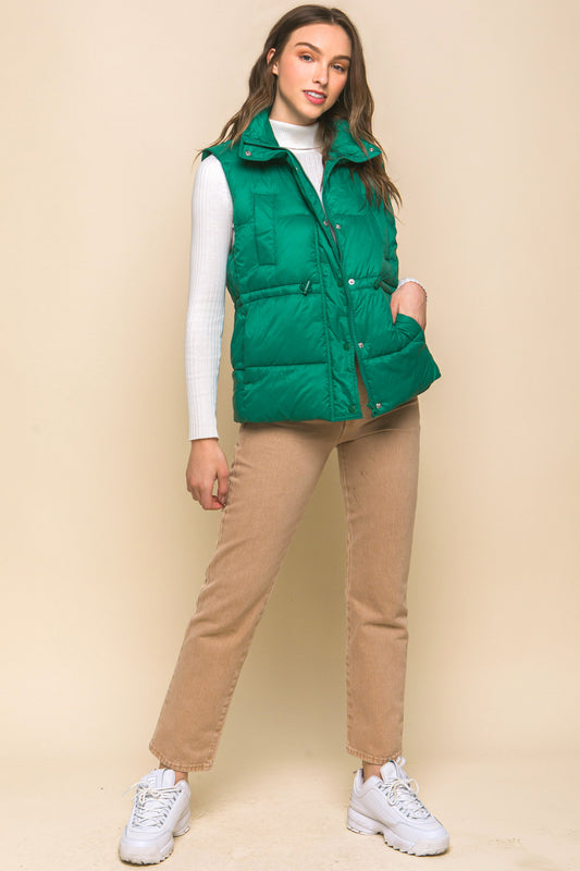 Zip Up Button Puffer Vest With Waist Toggles - Body By J'ne