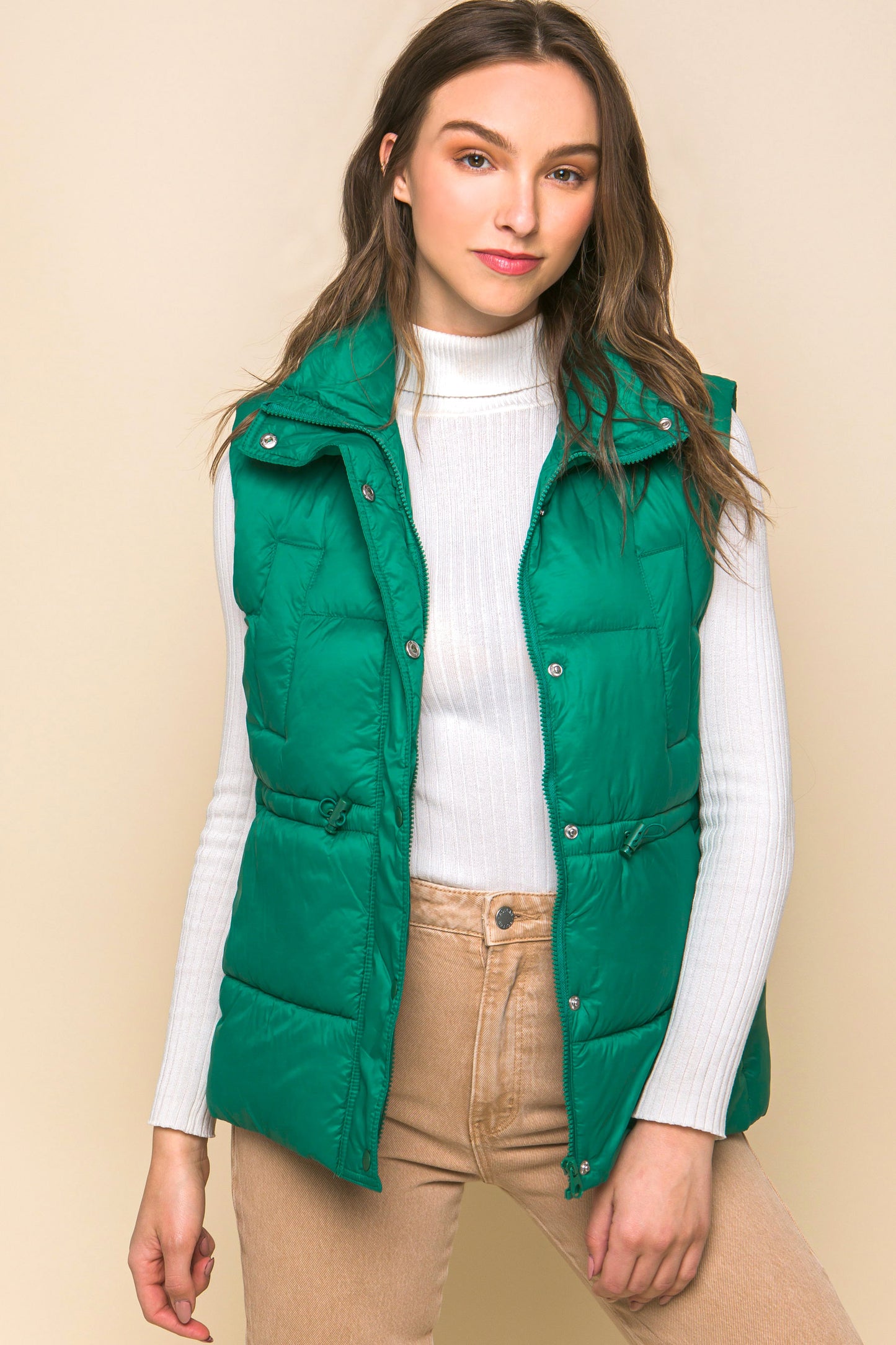 Zip Up Button Puffer Vest With Waist Toggles - Body By J'ne