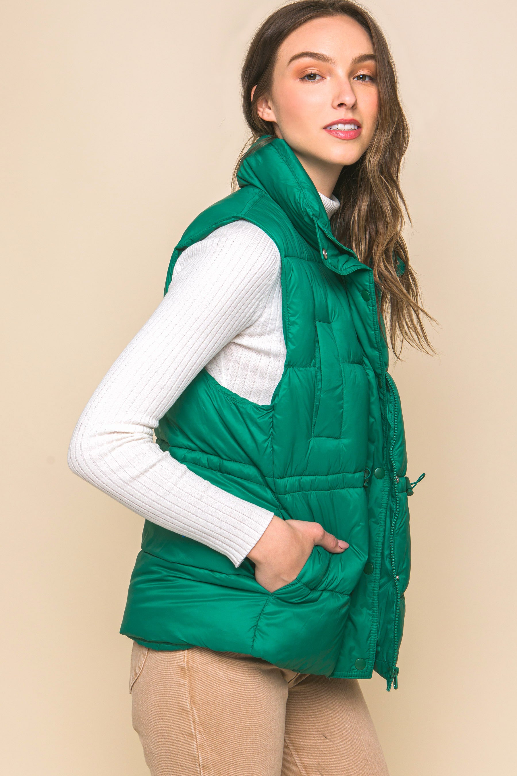 Zip Up Button Puffer Vest With Waist Toggles - Body By J'ne