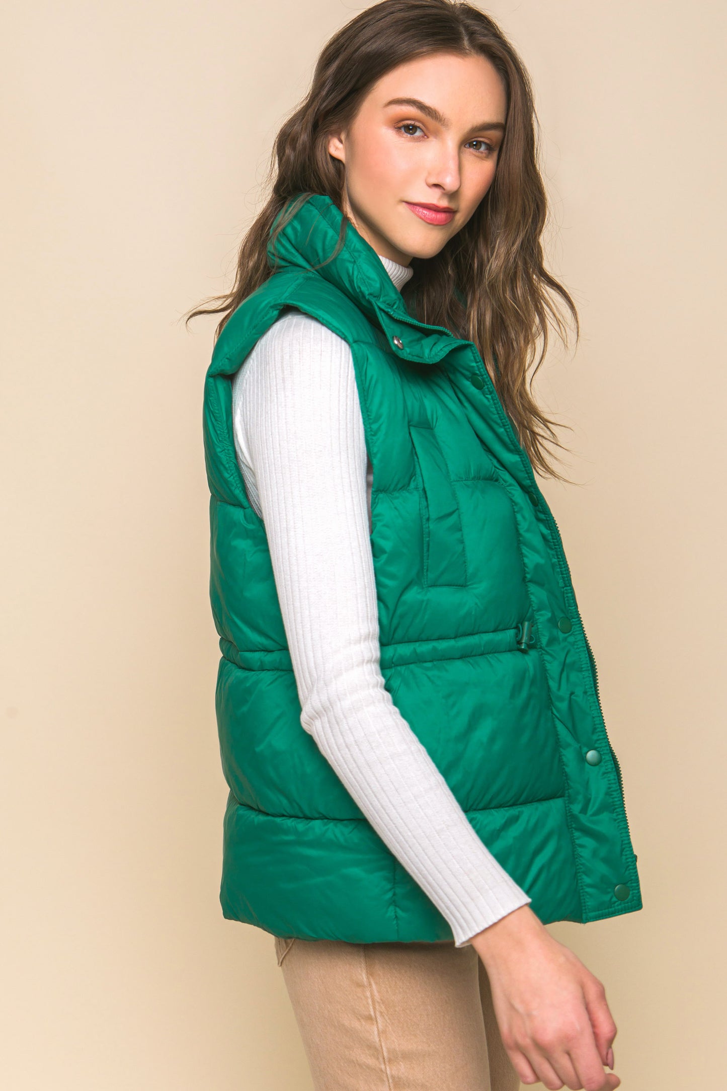 Zip Up Button Puffer Vest With Waist Toggles - Body By J'ne