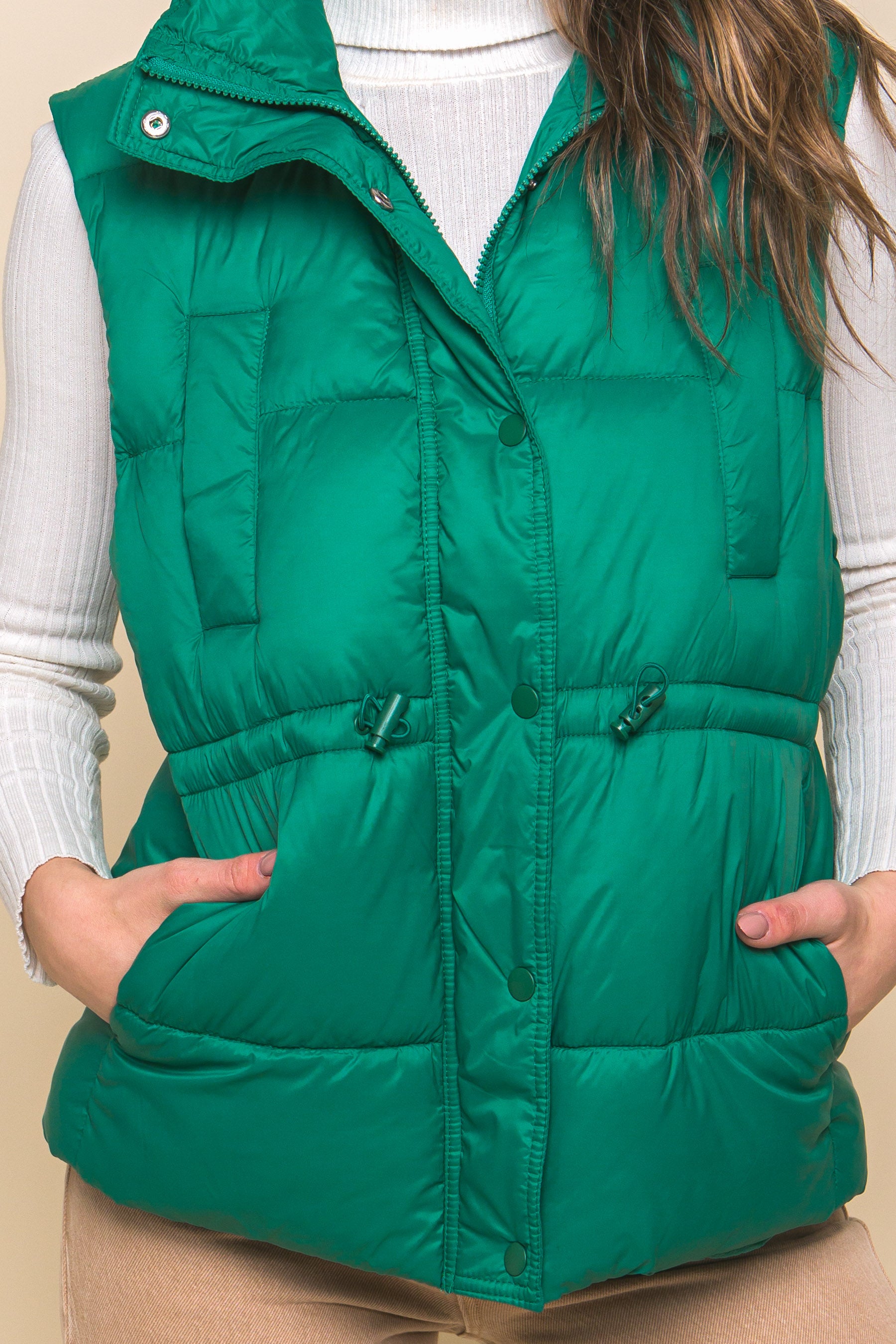 Zip Up Button Puffer Vest With Waist Toggles - Body By J'ne