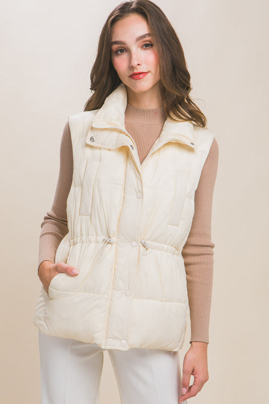 Zip Up Button Puffer Vest With Waist Toggles - Body By J'ne