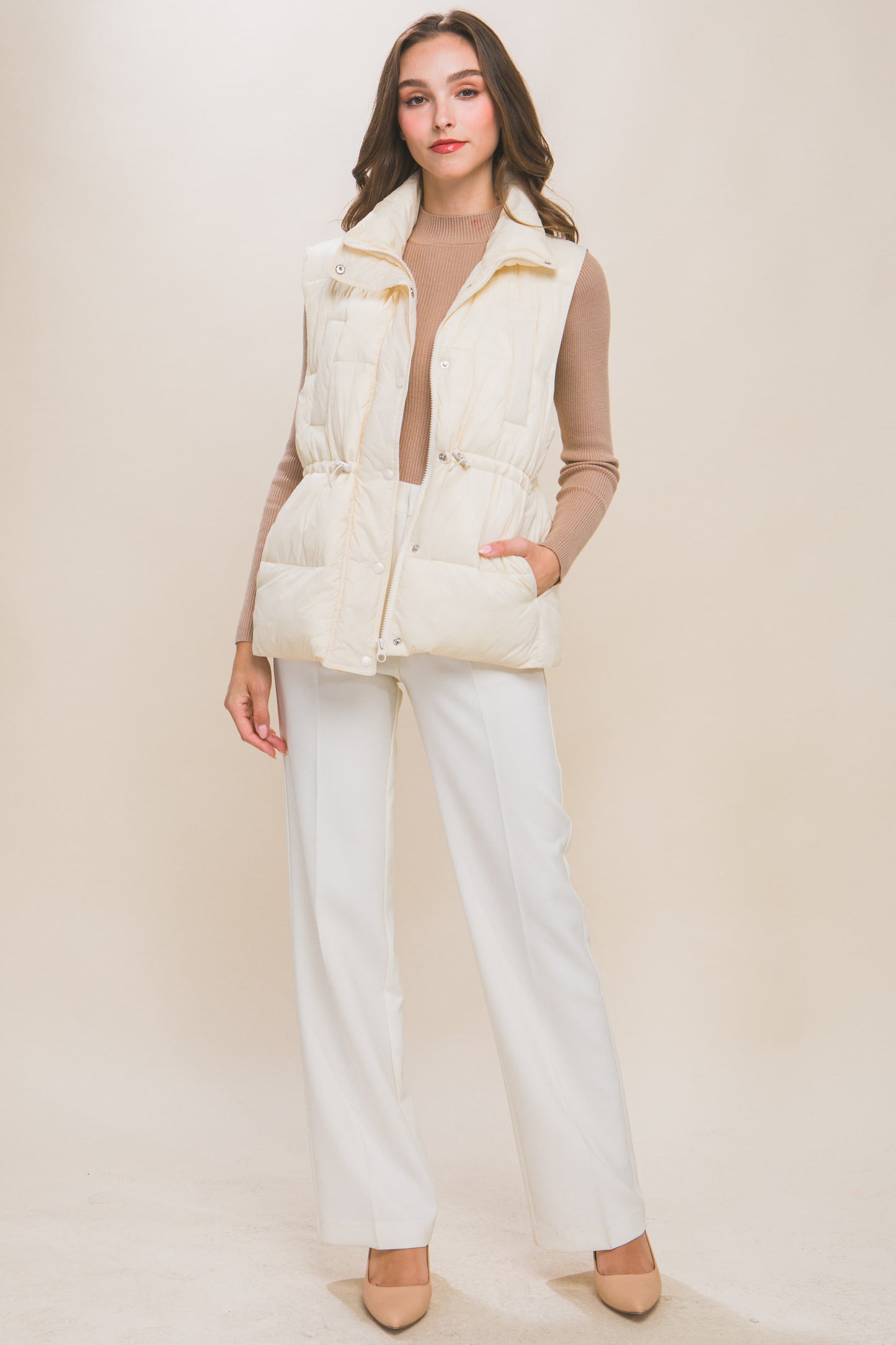 Zip Up Button Puffer Vest With Waist Toggles - Body By J'ne