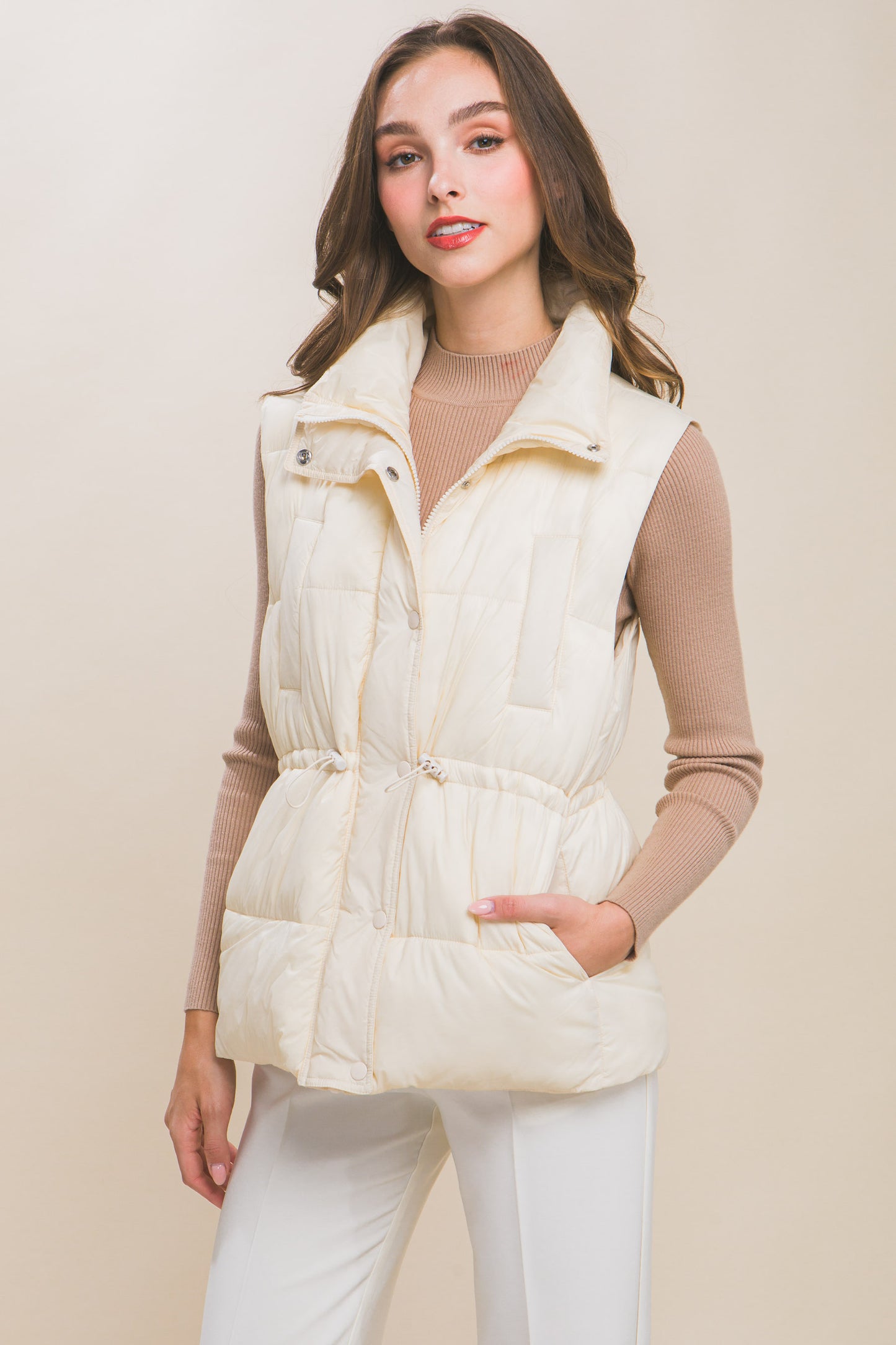 Zip Up Button Puffer Vest With Waist Toggles - Body By J'ne