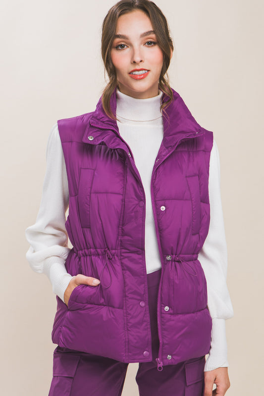 Zip Up Button Puffer Vest With Waist Toggles - Body By J'ne