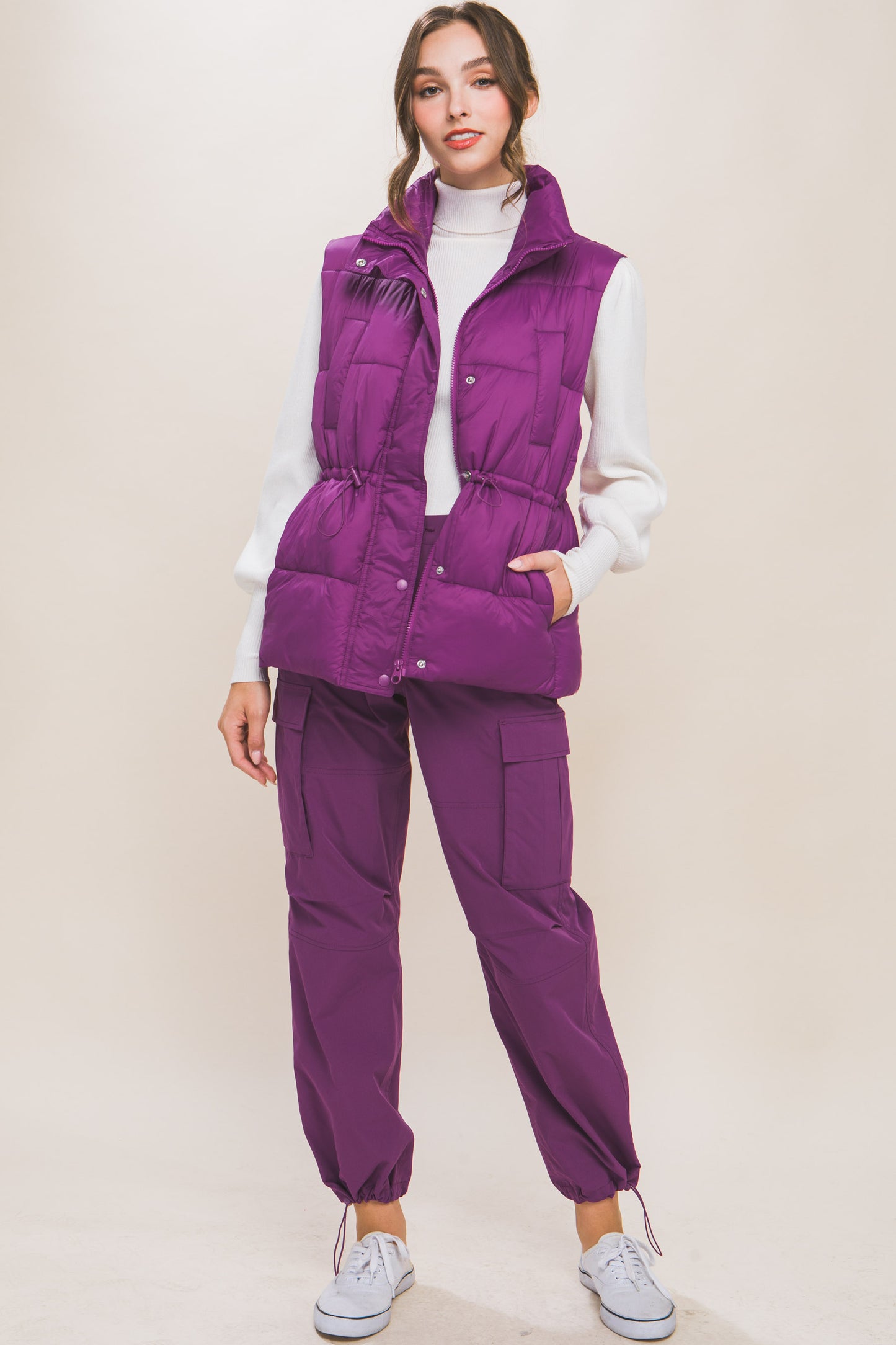 Zip Up Button Puffer Vest With Waist Toggles - Body By J'ne