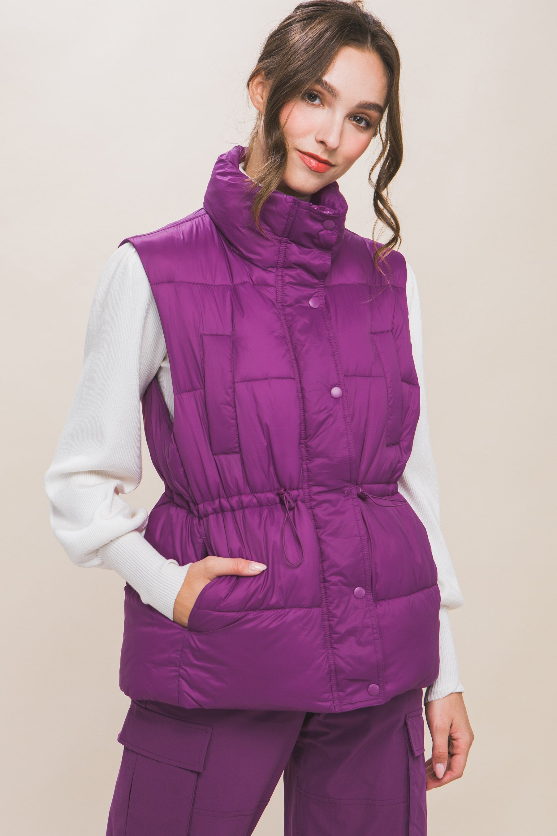 Zip Up Button Puffer Vest With Waist Toggles - Body By J'ne