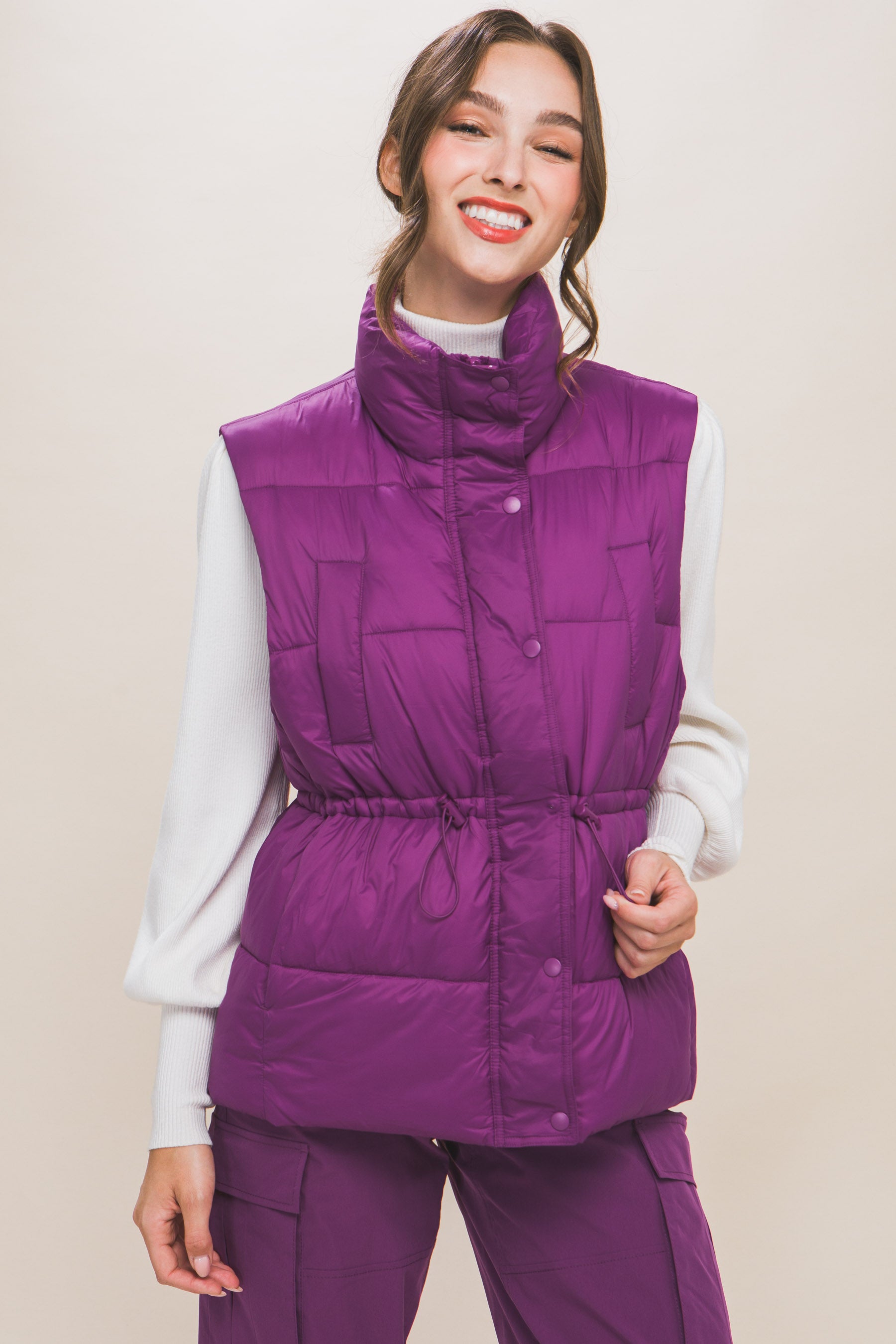 Zip Up Button Puffer Vest With Waist Toggles - Body By J'ne