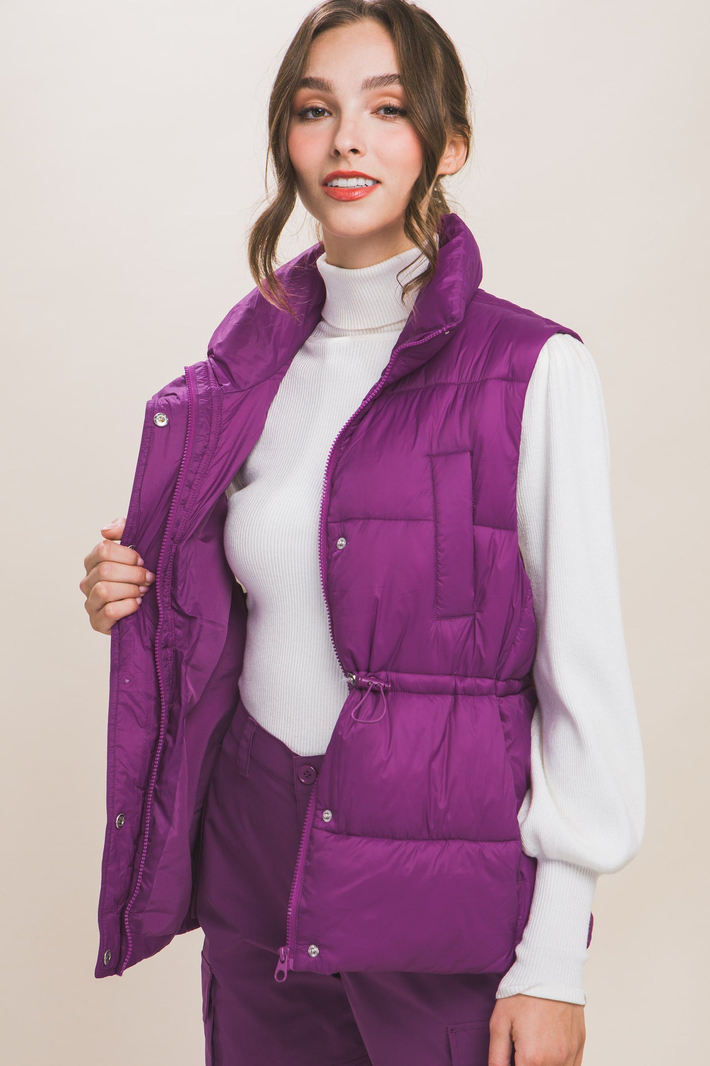 Zip Up Button Puffer Vest With Waist Toggles - Body By J'ne