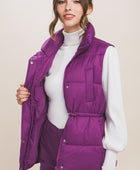 Zip Up Button Puffer Vest With Waist Toggles - Body By J'ne