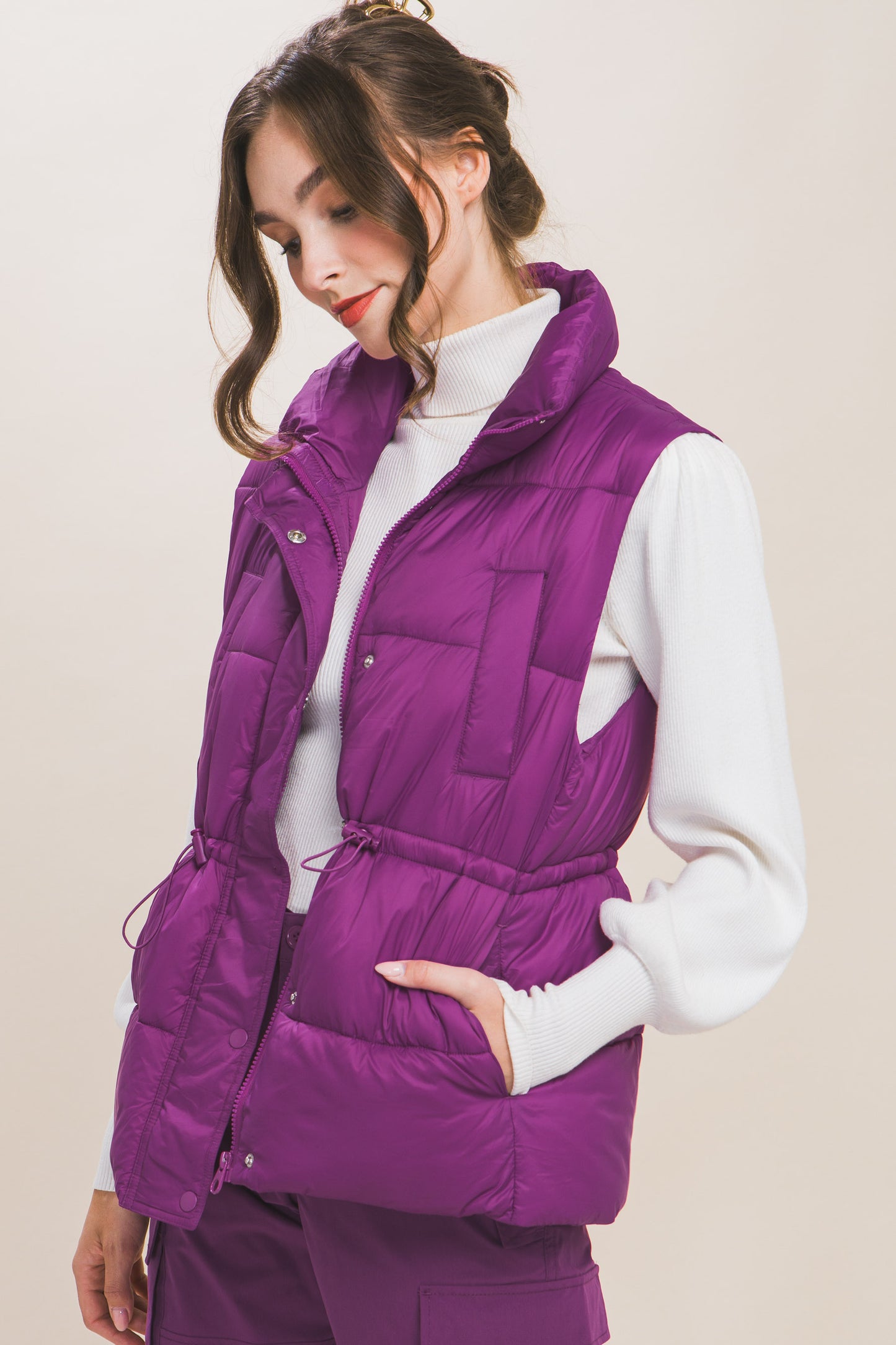 Zip Up Button Puffer Vest With Waist Toggles - Body By J'ne
