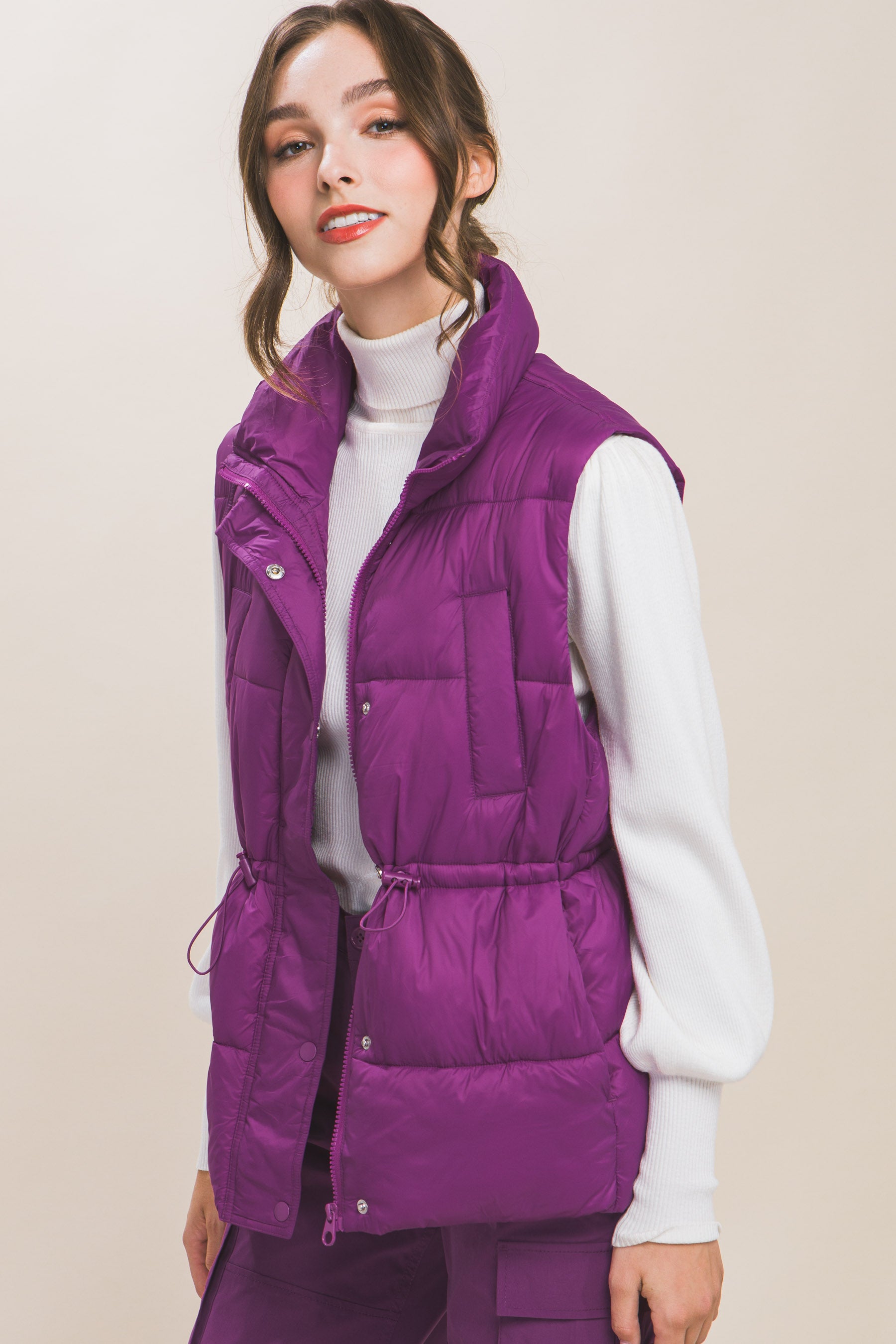 Zip Up Button Puffer Vest With Waist Toggles - Body By J'ne