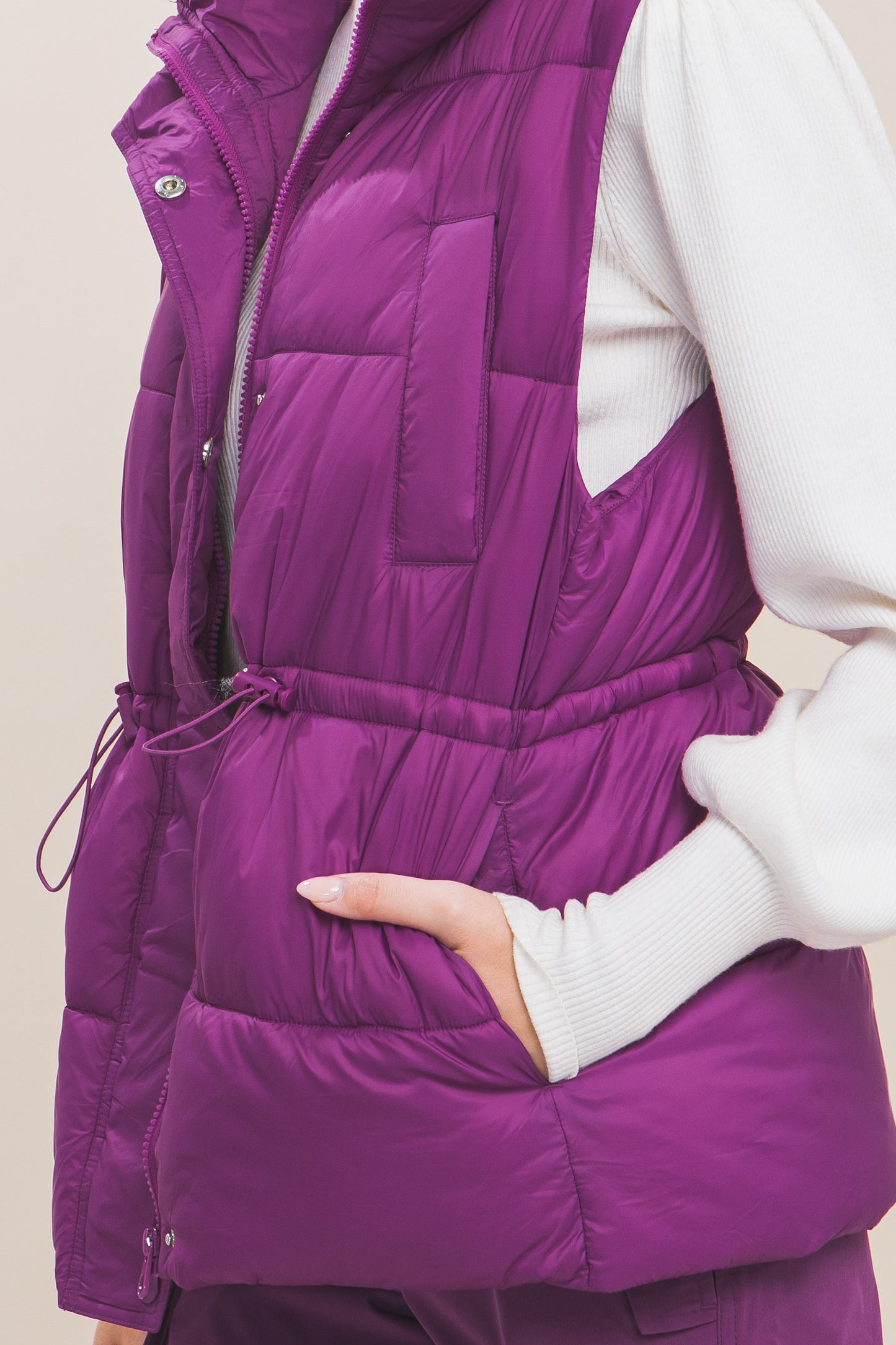 Zip Up Button Puffer Vest With Waist Toggles - Body By J'ne