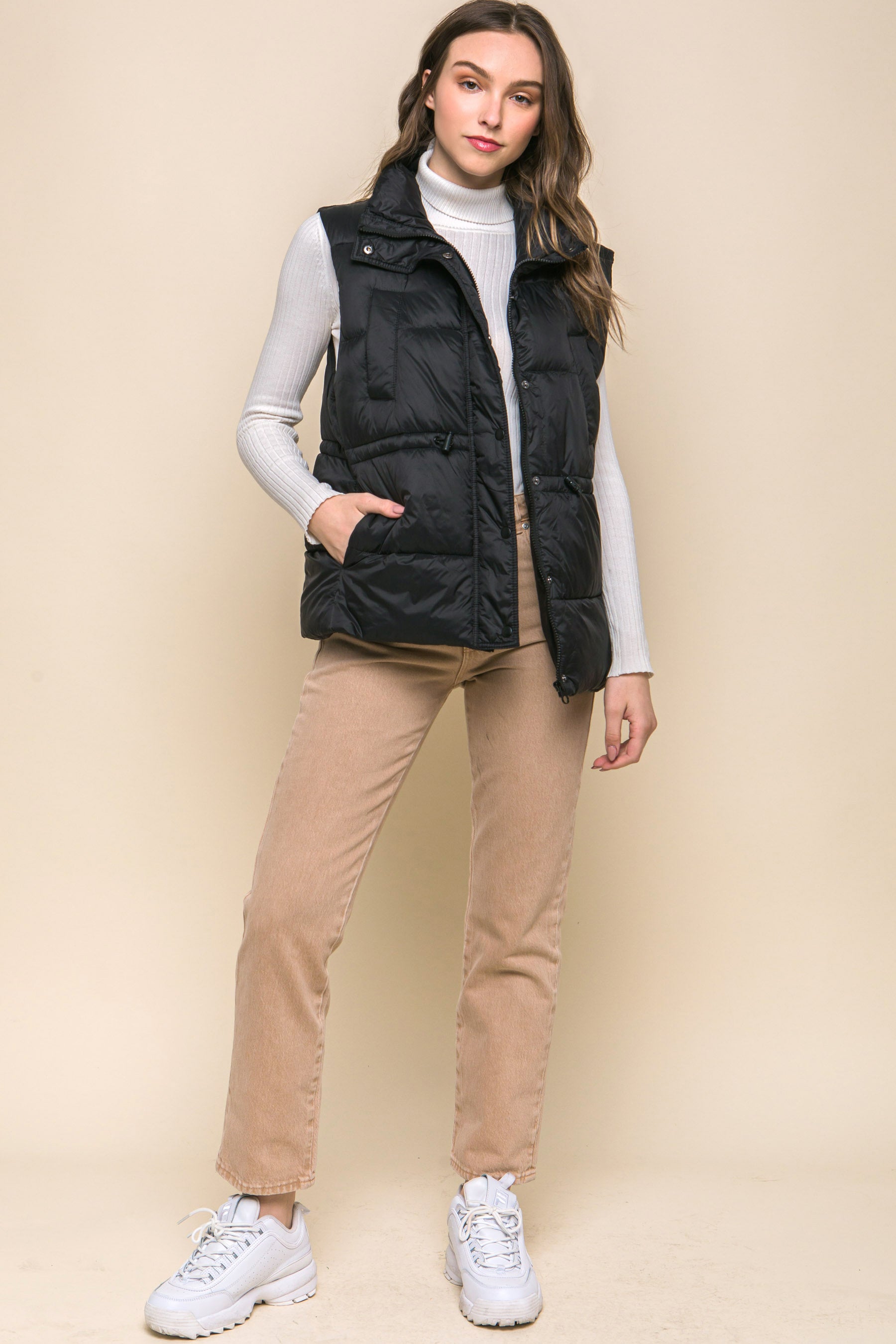 Zip Up Button Puffer Vest With Waist Toggles - Body By J'ne