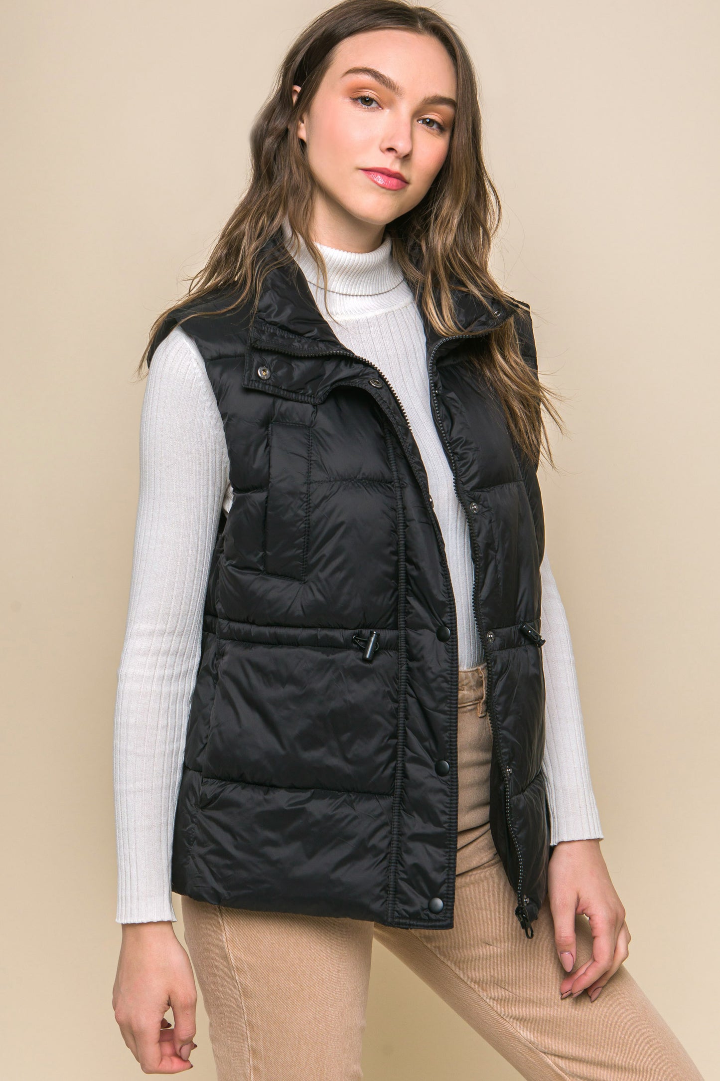 Zip Up Button Puffer Vest With Waist Toggles - Body By J'ne