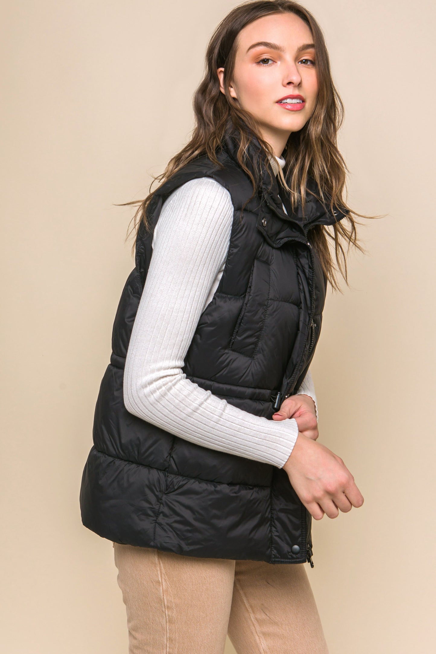 Zip Up Button Puffer Vest With Waist Toggles - Body By J'ne