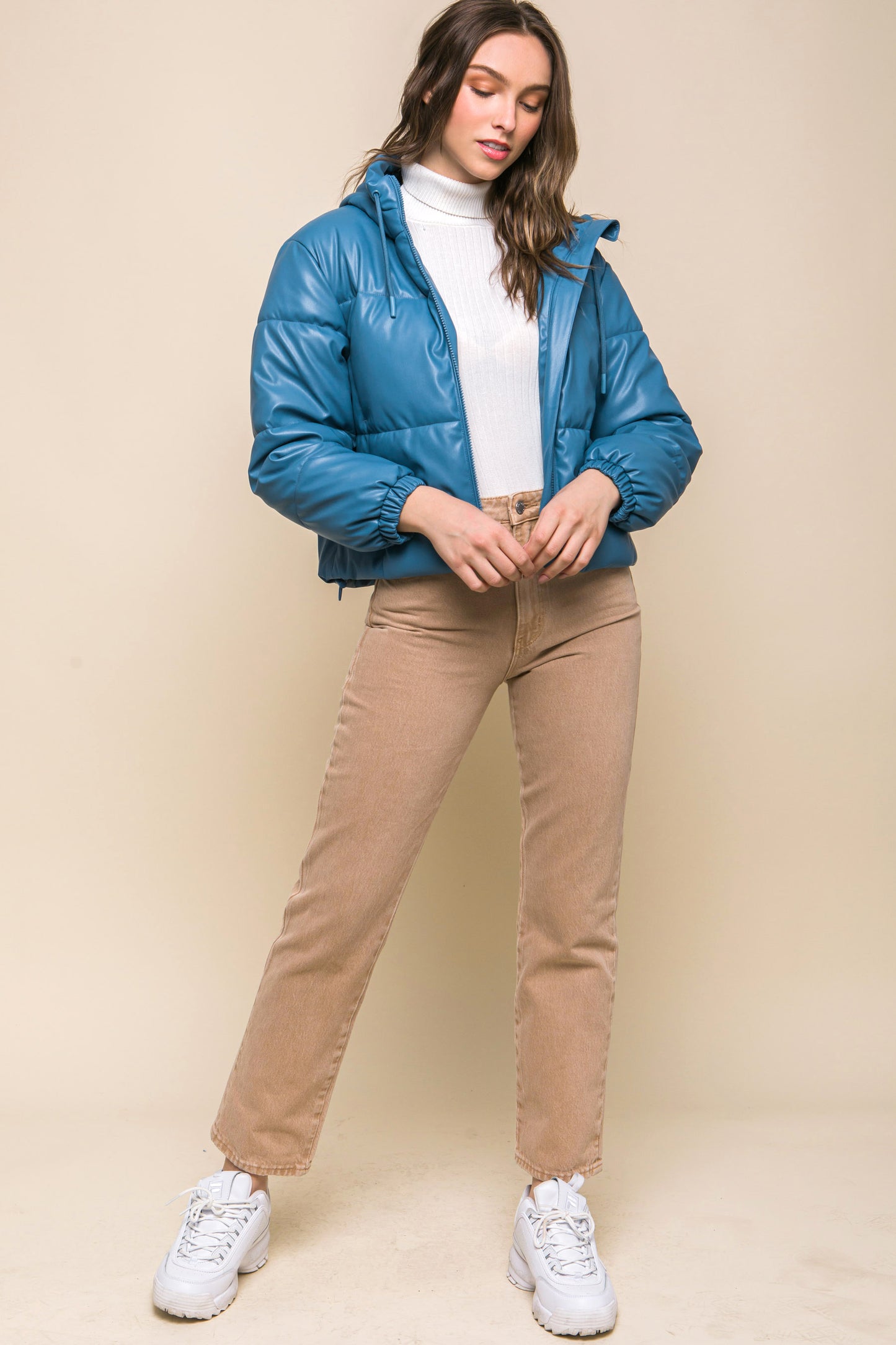 Pu Faux Leather Zipper Hooded Puffer Jacket - Body By J'ne