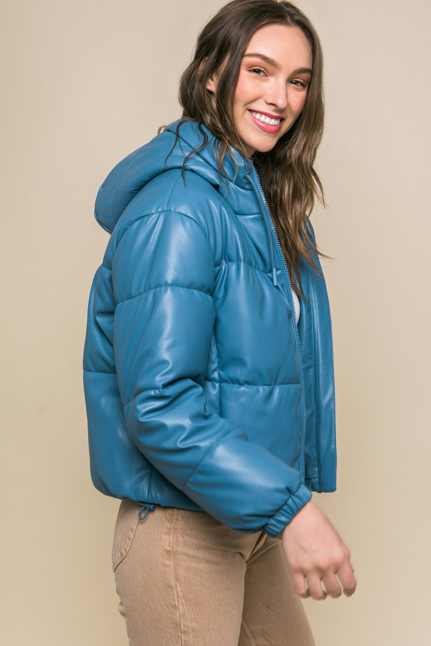Pu Faux Leather Zipper Hooded Puffer Jacket - Body By J'ne