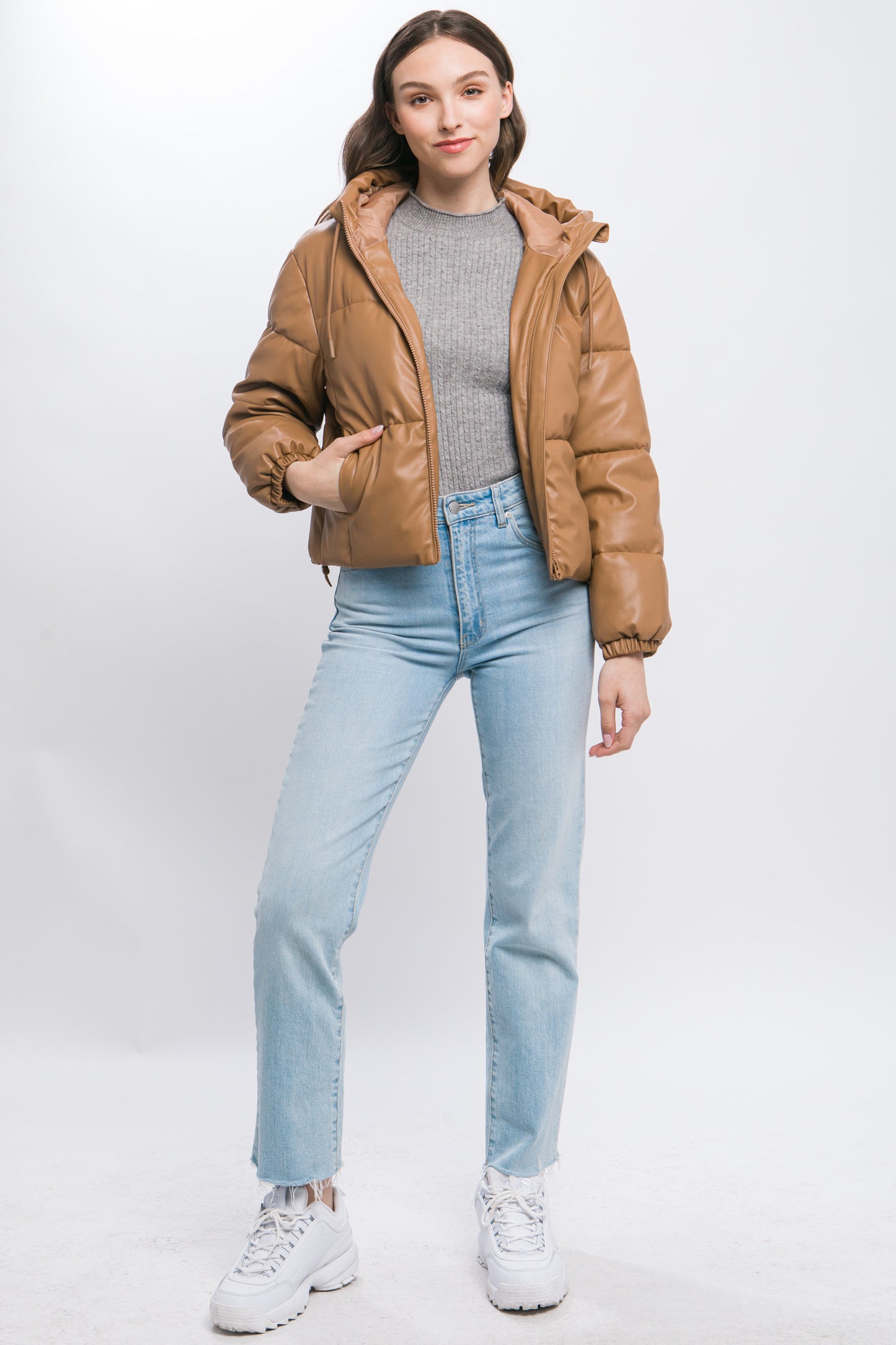 Pu Faux Leather Zipper Hooded Puffer Jacket - Body By J'ne