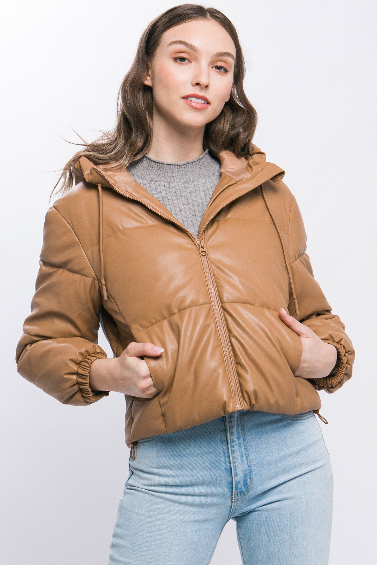 Pu Faux Leather Zipper Hooded Puffer Jacket - Body By J'ne