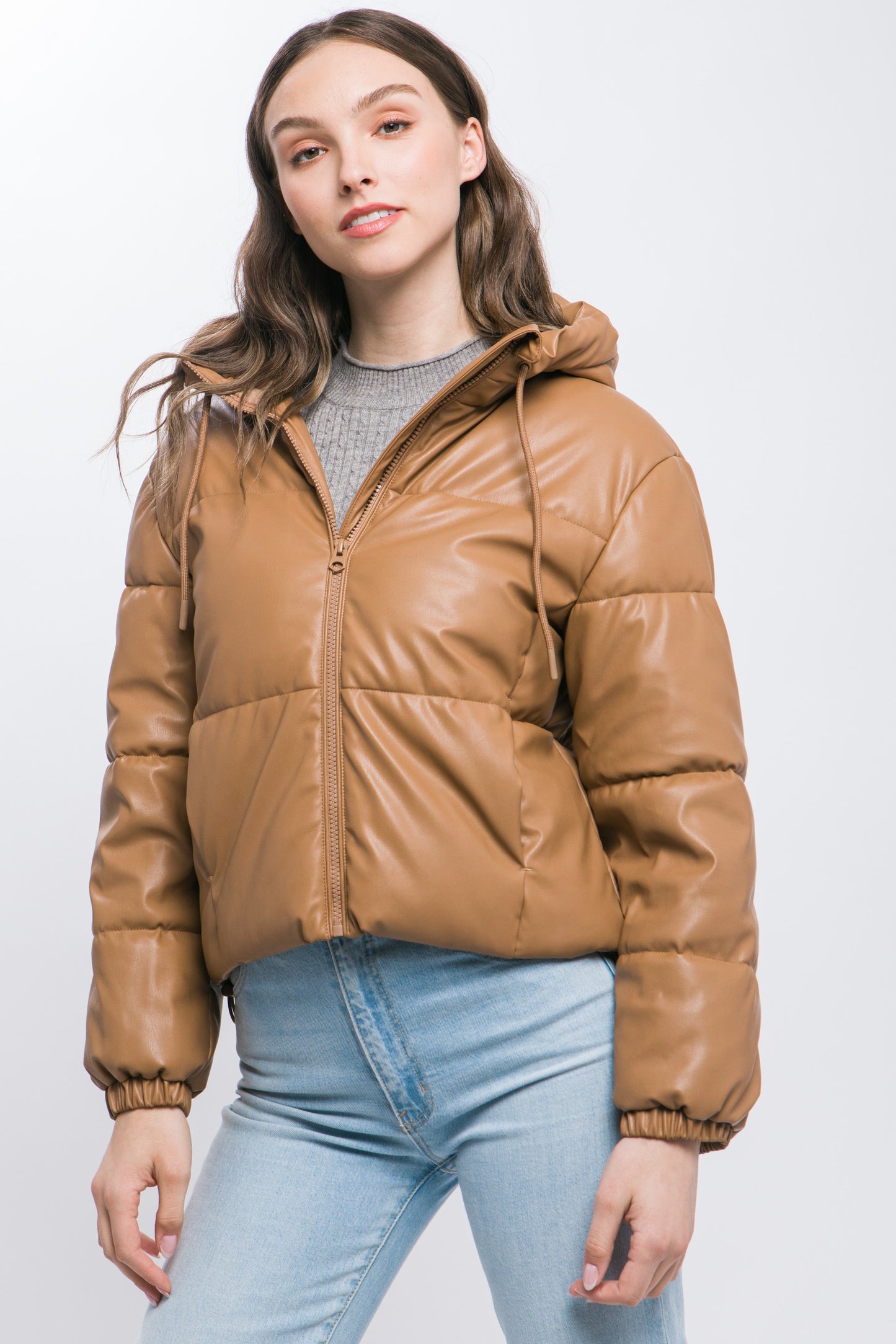 Pu Faux Leather Zipper Hooded Puffer Jacket - Body By J'ne