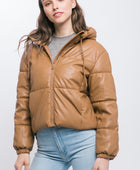 Pu Faux Leather Zipper Hooded Puffer Jacket - Body By J'ne