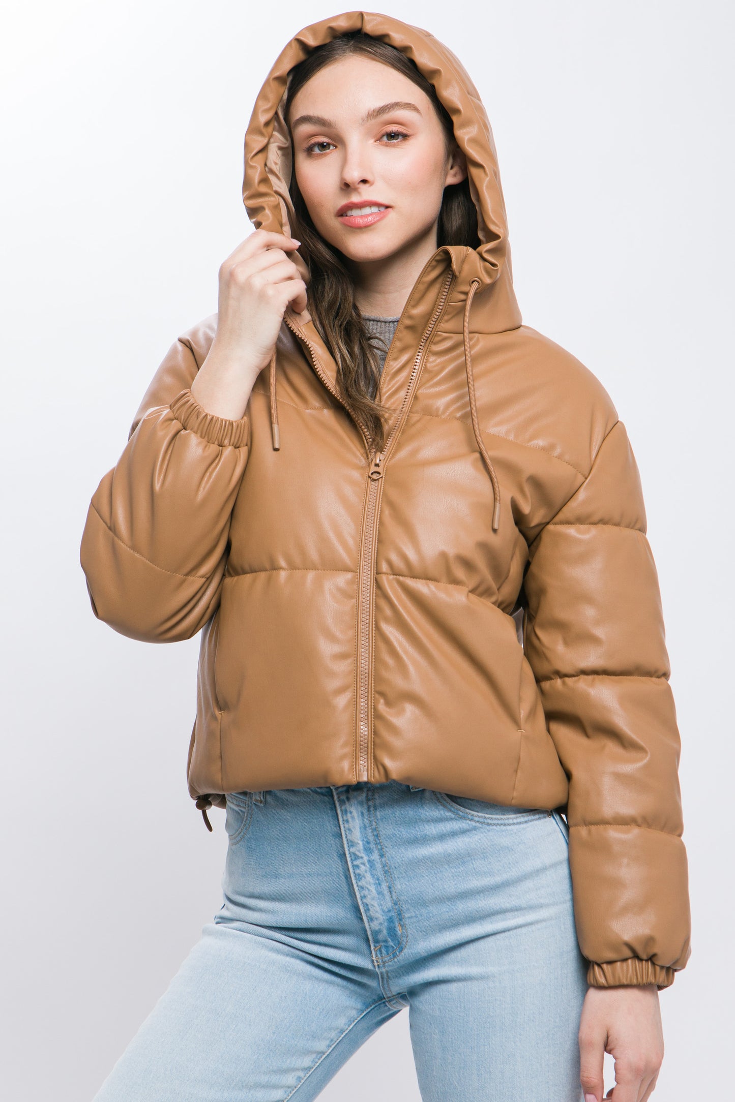 Pu Faux Leather Zipper Hooded Puffer Jacket - Body By J'ne