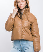Pu Faux Leather Zipper Hooded Puffer Jacket - Body By J'ne