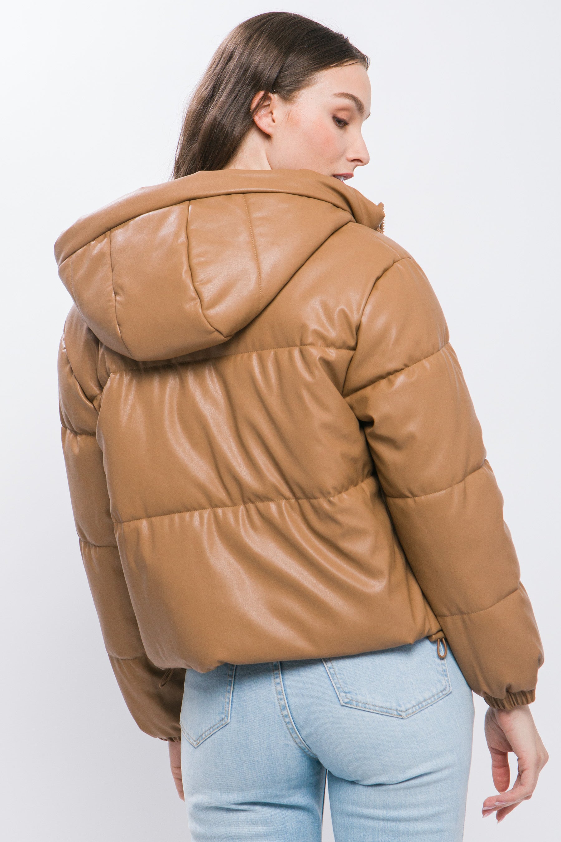 Pu Faux Leather Zipper Hooded Puffer Jacket - Body By J'ne