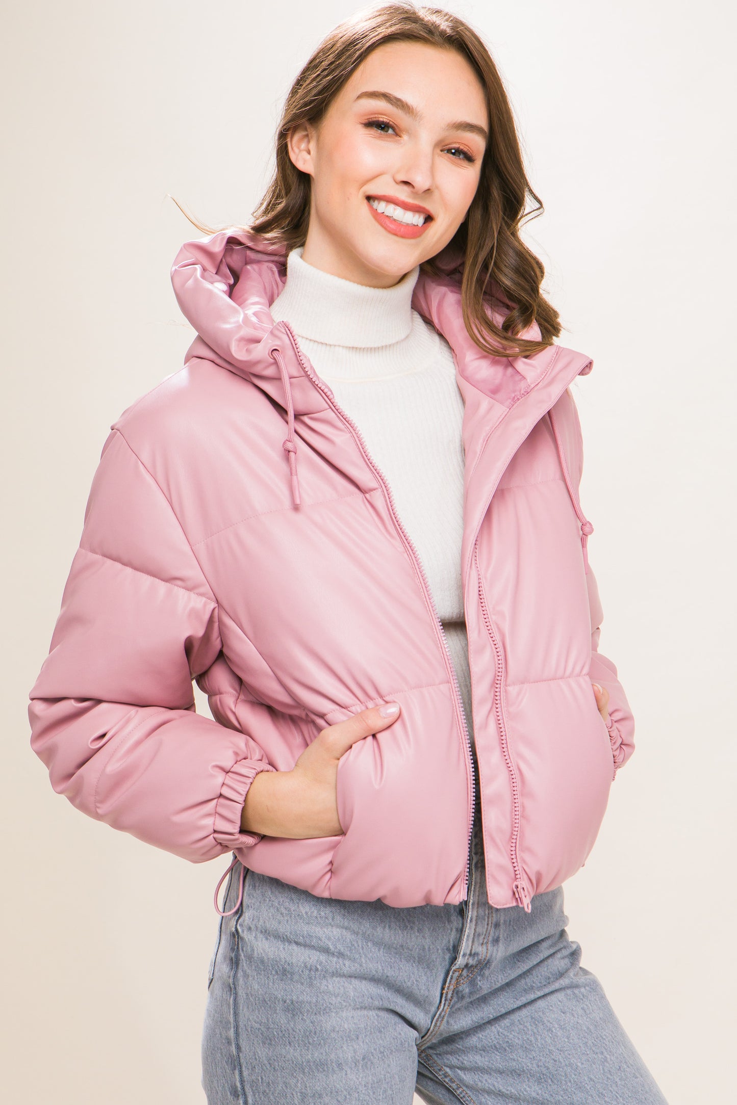 Pu Faux Leather Zipper Hooded Puffer Jacket - Body By J'ne