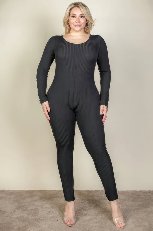 Plus Size Ribbed Scoop Neck Long Sleeve Jumpsuit - Body By J'ne