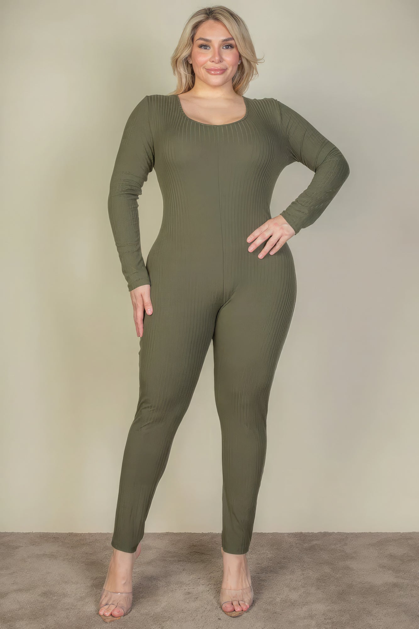 Plus Size Ribbed Scoop Neck Long Sleeve Jumpsuit - Body By J'ne