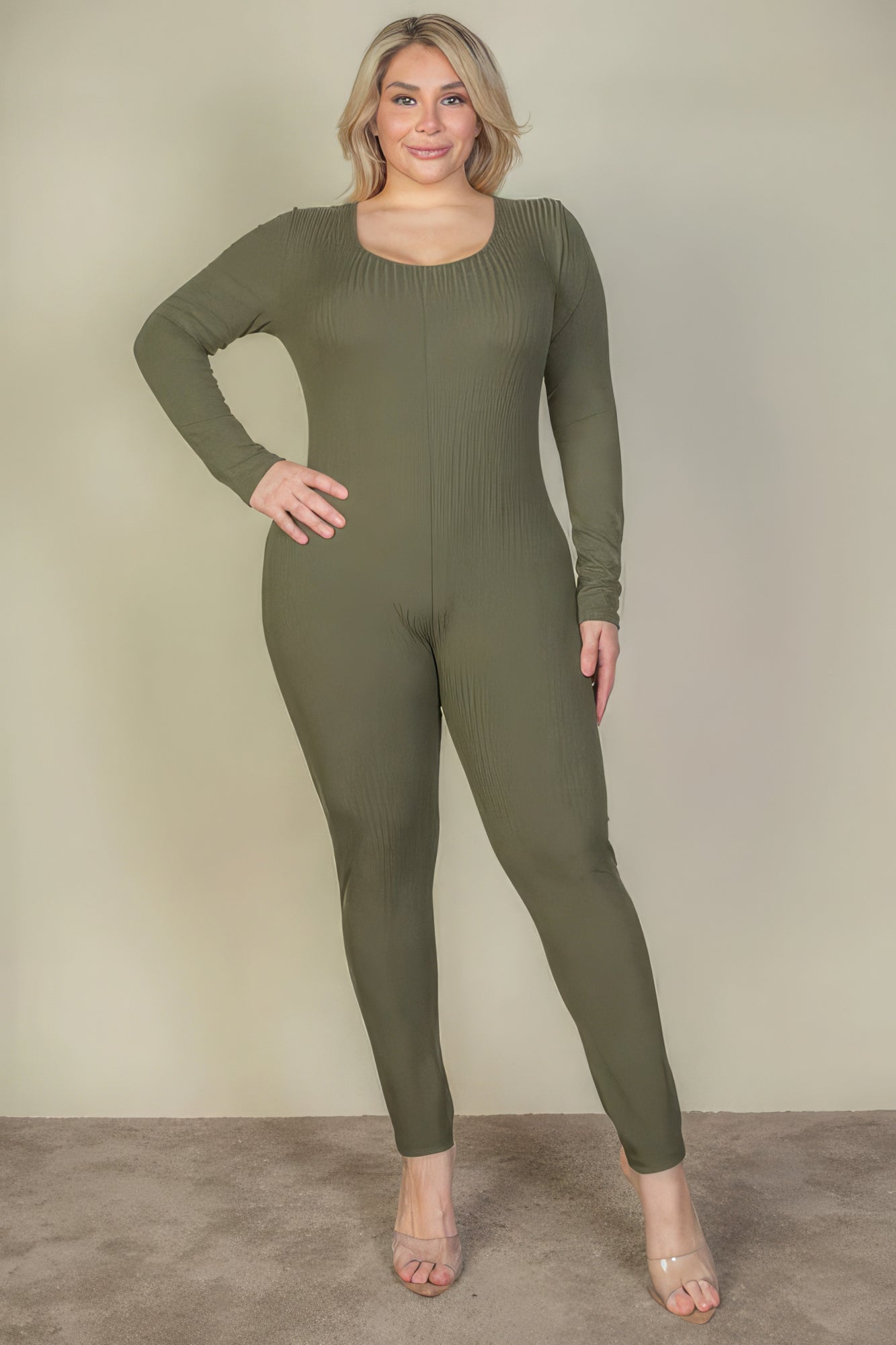 Plus Size Ribbed Scoop Neck Long Sleeve Jumpsuit - Body By J'ne