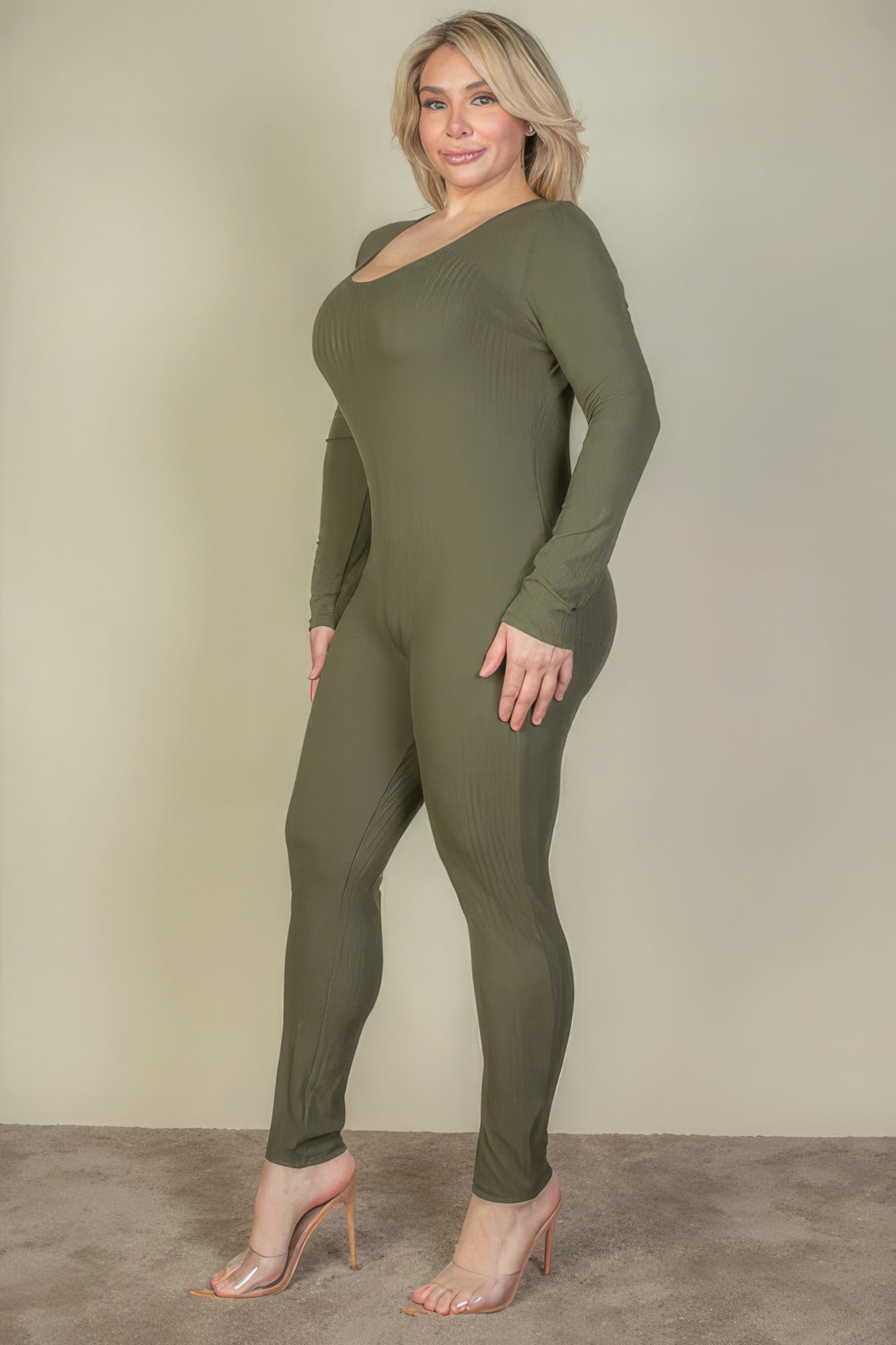 Plus Size Ribbed Scoop Neck Long Sleeve Jumpsuit - Body By J'ne