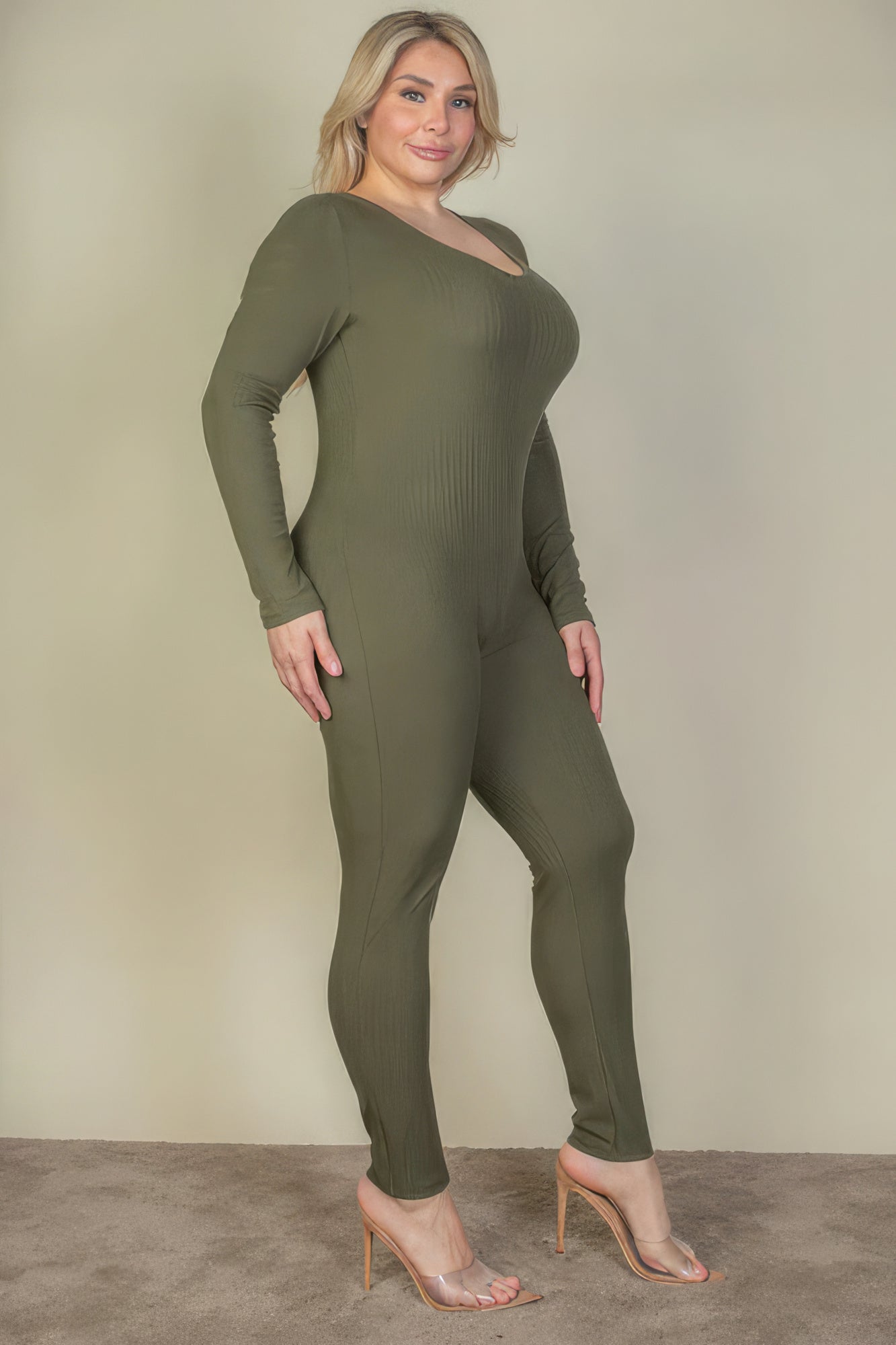 Plus Size Ribbed Scoop Neck Long Sleeve Jumpsuit - Body By J'ne