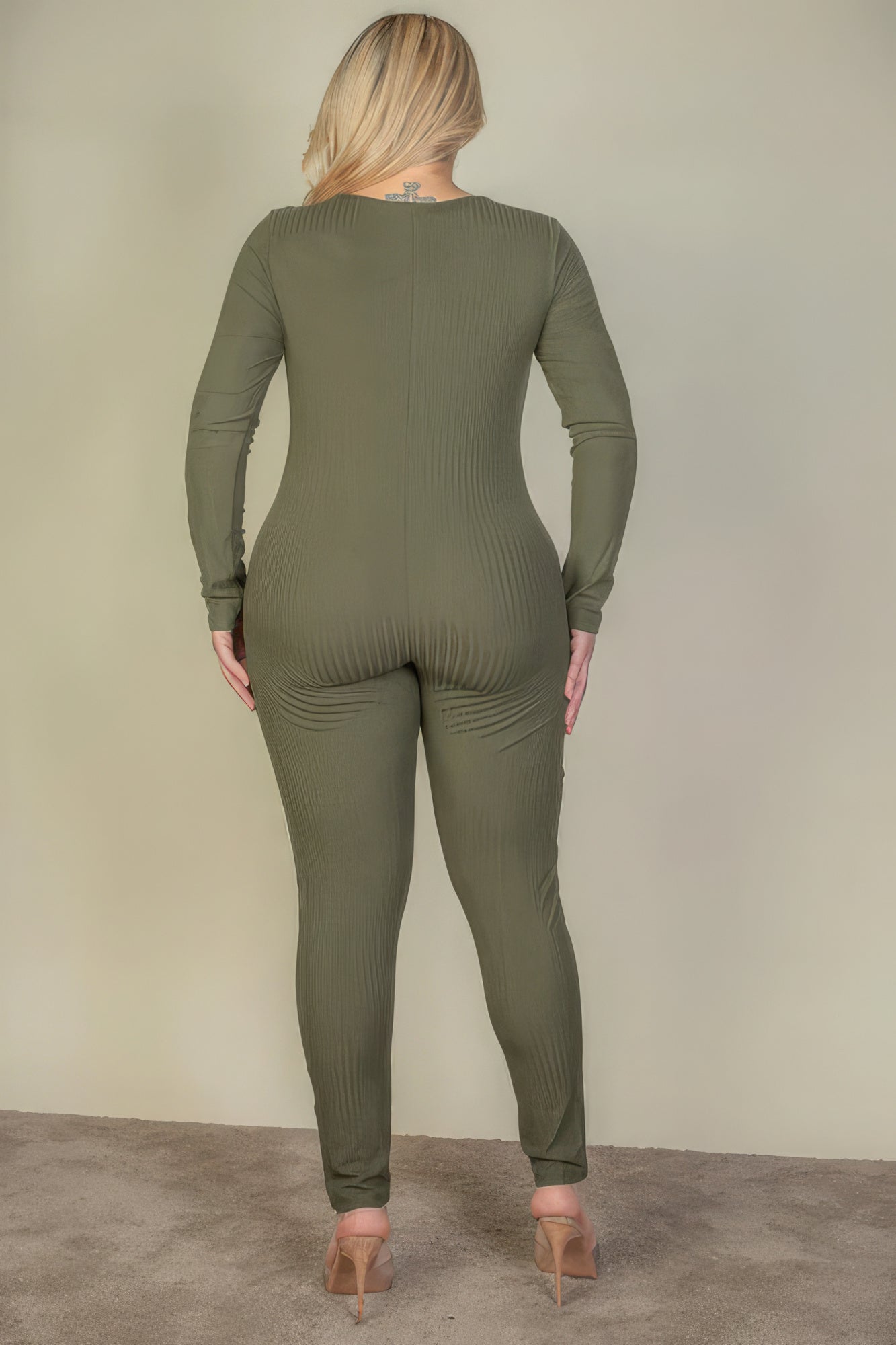 Plus Size Ribbed Scoop Neck Long Sleeve Jumpsuit - Body By J'ne