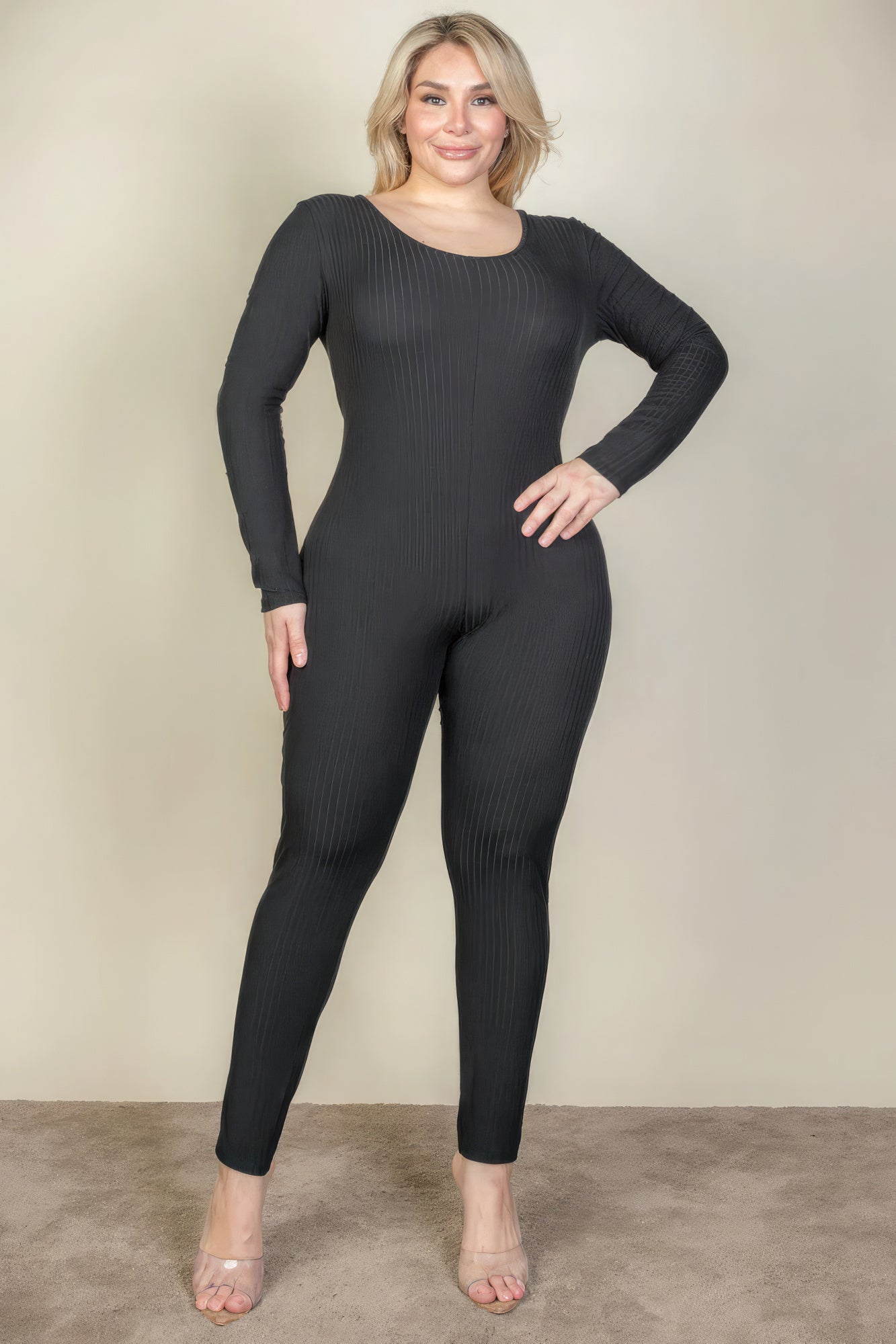 Plus Size Ribbed Scoop Neck Long Sleeve Jumpsuit - Body By J'ne