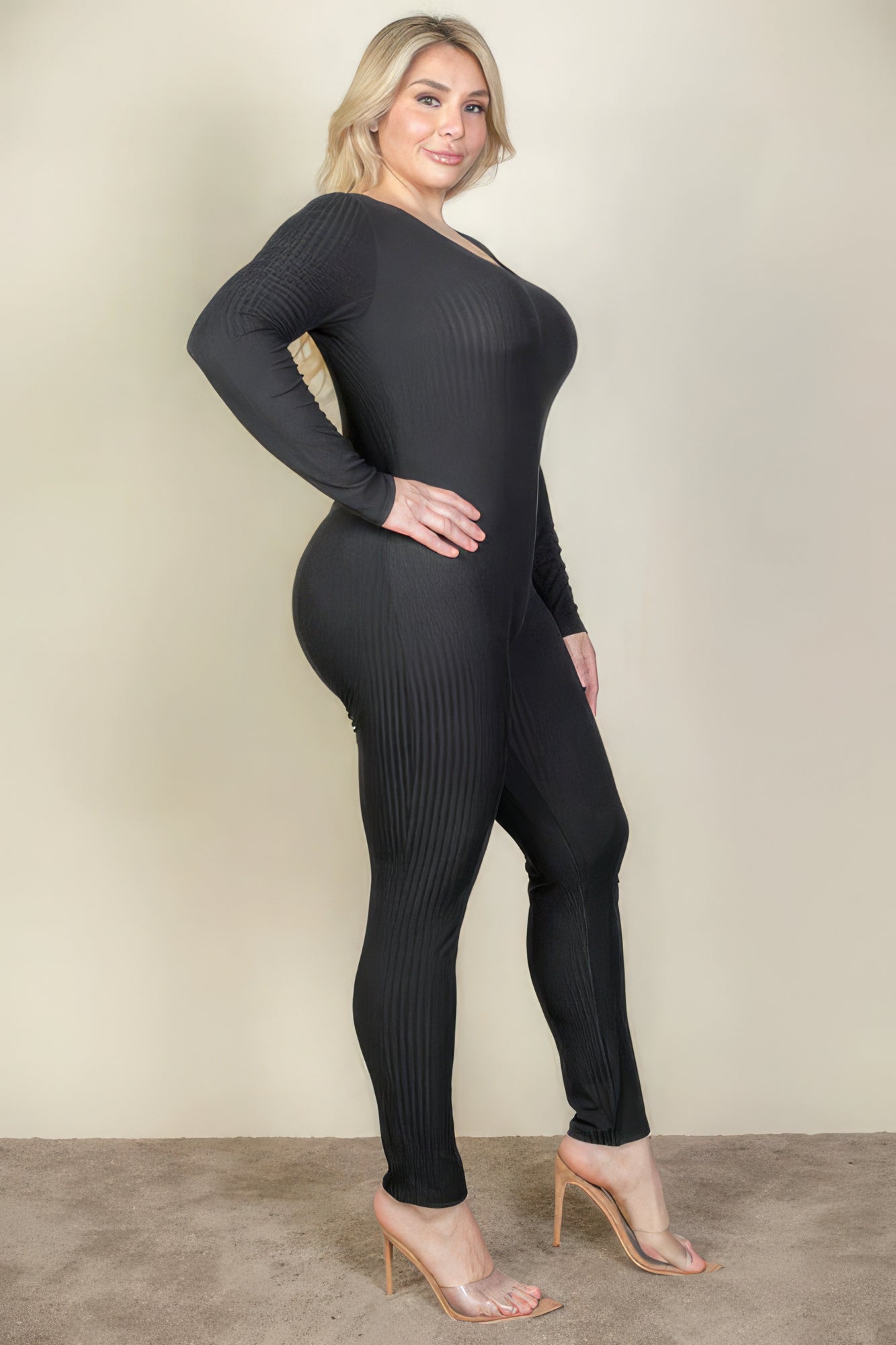 Plus Size Ribbed Scoop Neck Long Sleeve Jumpsuit - Body By J'ne