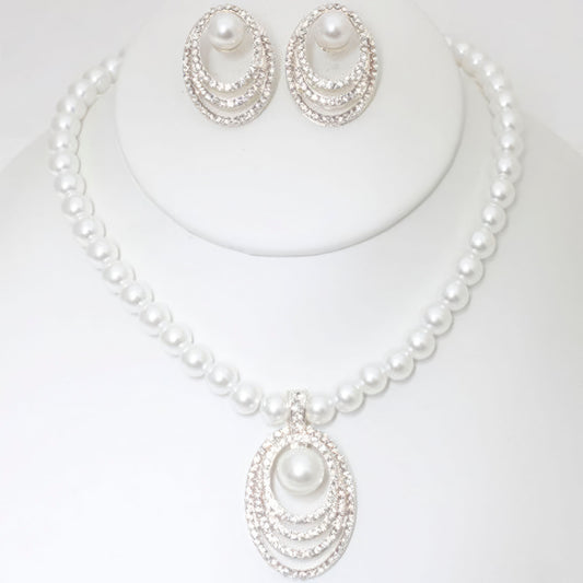 Rhinestone Pearl Necklace And Earring Set - Body By J'ne