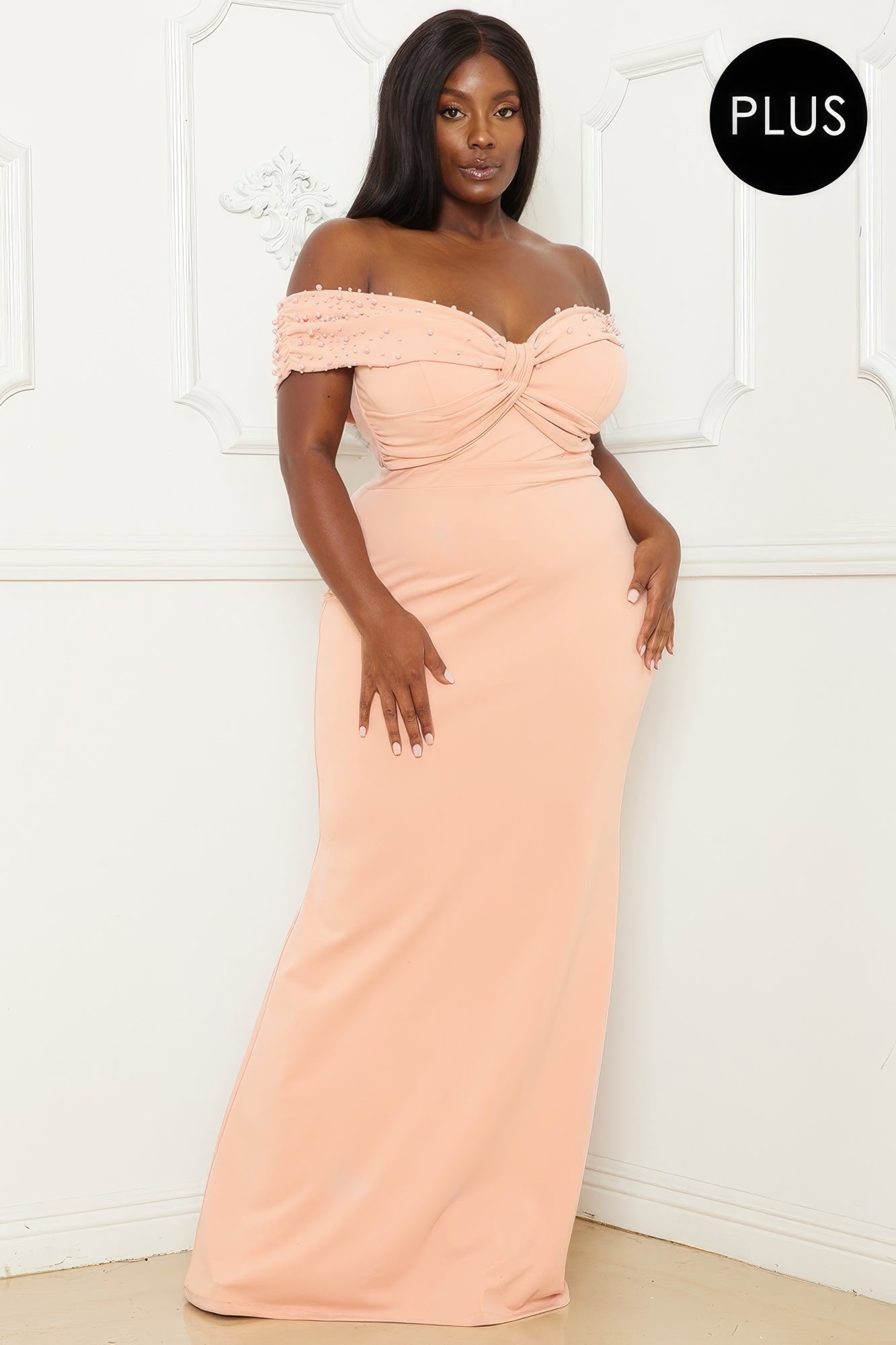 Pearl Bead Off The Shoulder Plus Size Maxi Dress - Body By J'ne