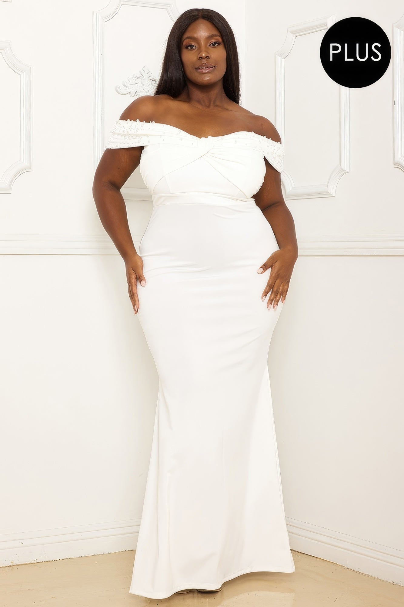 Pearl Bead Off The Shoulder Plus Size Maxi Dress - Body By J'ne